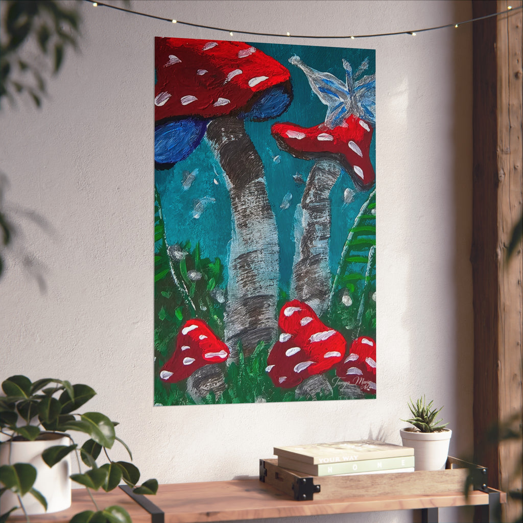 Wall-hung mushroom garden poster with red toadstools and a blue butterfly in the scene