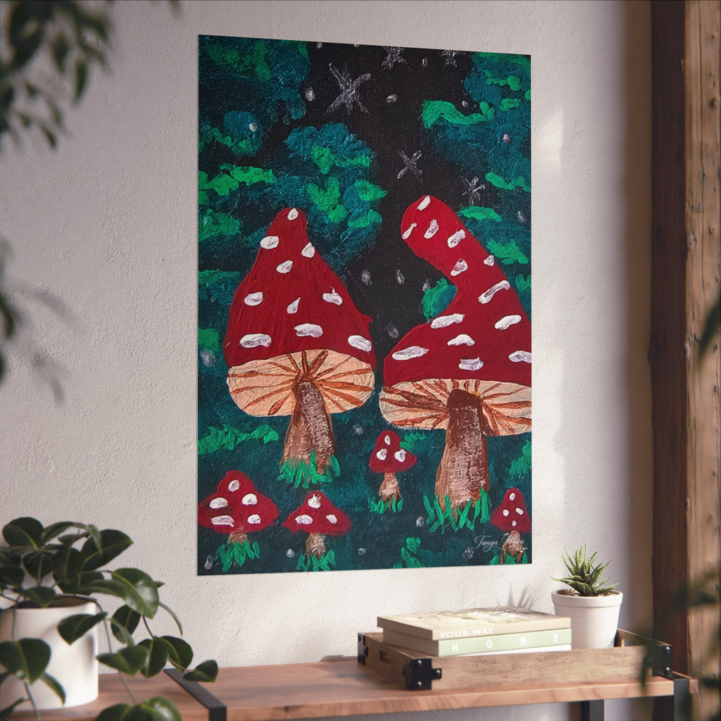 Whimsical fine art poster: red toadstools with white spots and green undergrowth