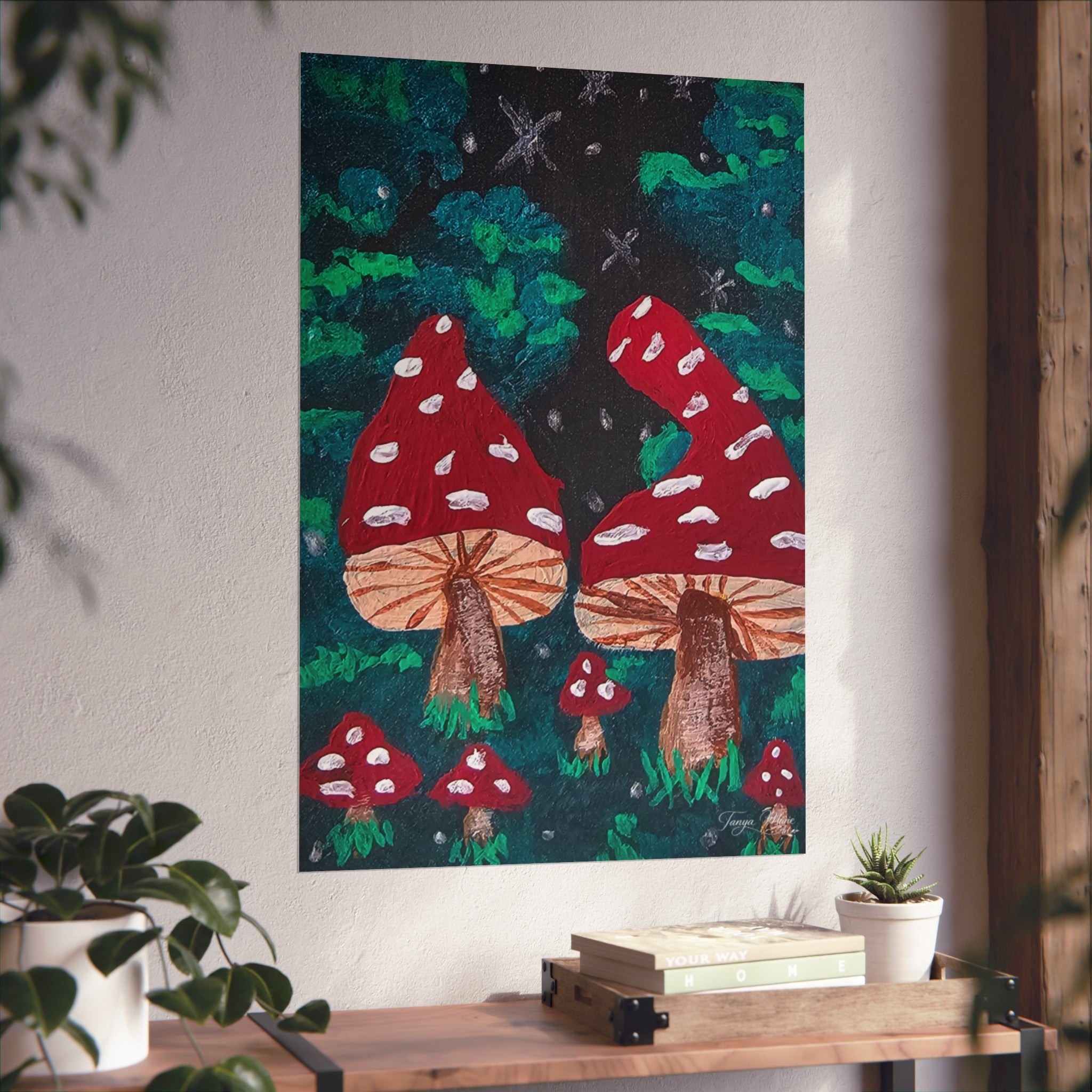 Whimsical fine art poster: red toadstools with white spots and green undergrowth