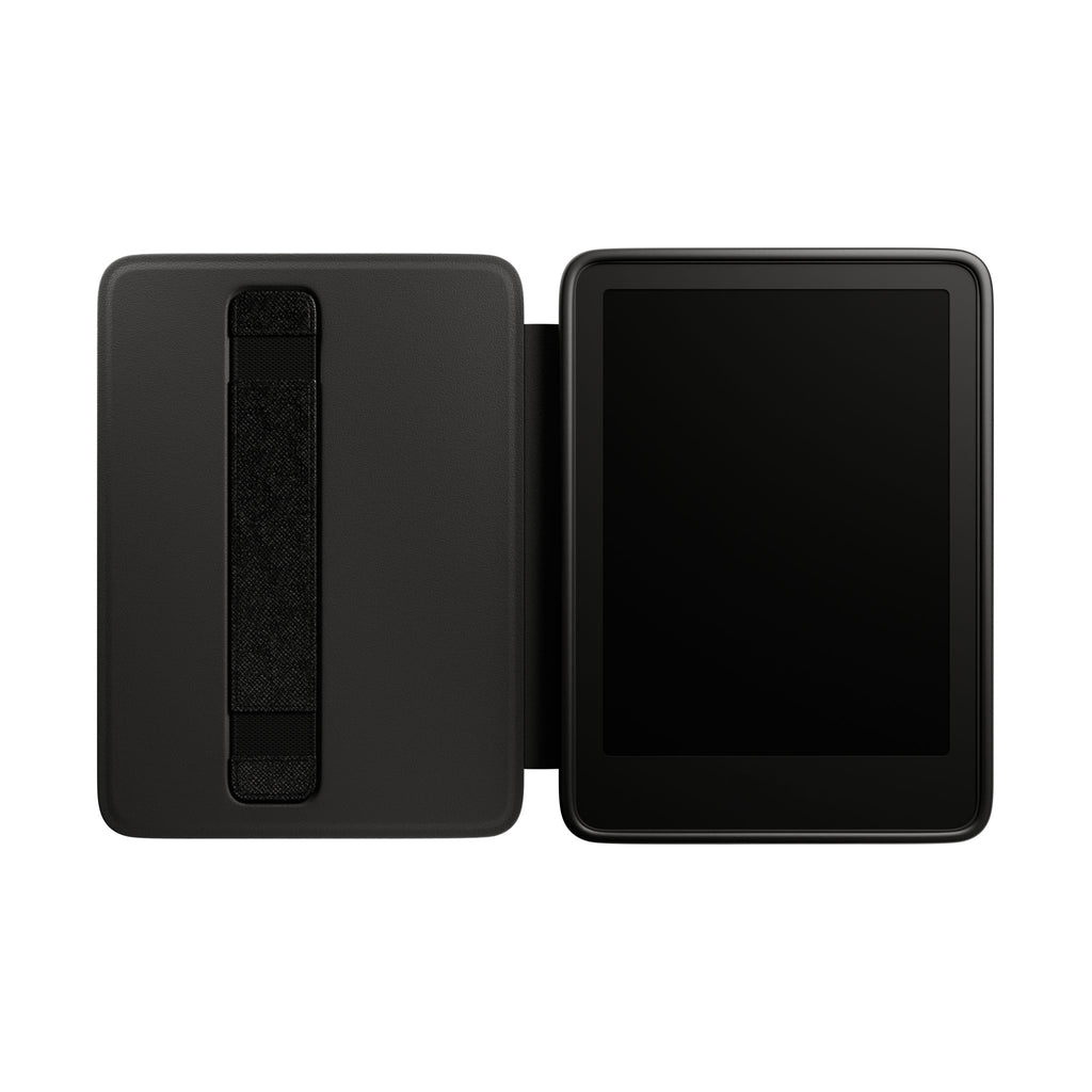 Black e-reader case with back stand panel and vertical strap pocket