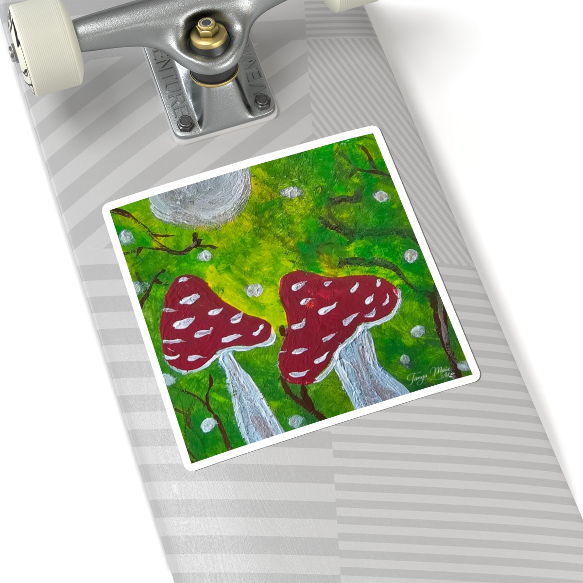 Red toadstool vinyl sticker with whimsical forest mushrooms on green scene, square border