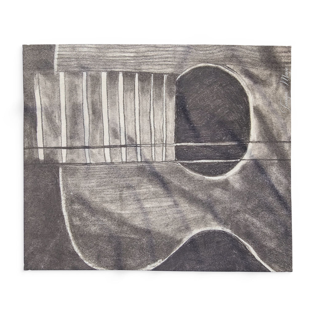 Gray acoustic guitar sketch fleece blanket, close-up of soundhole, strings, and fret bars