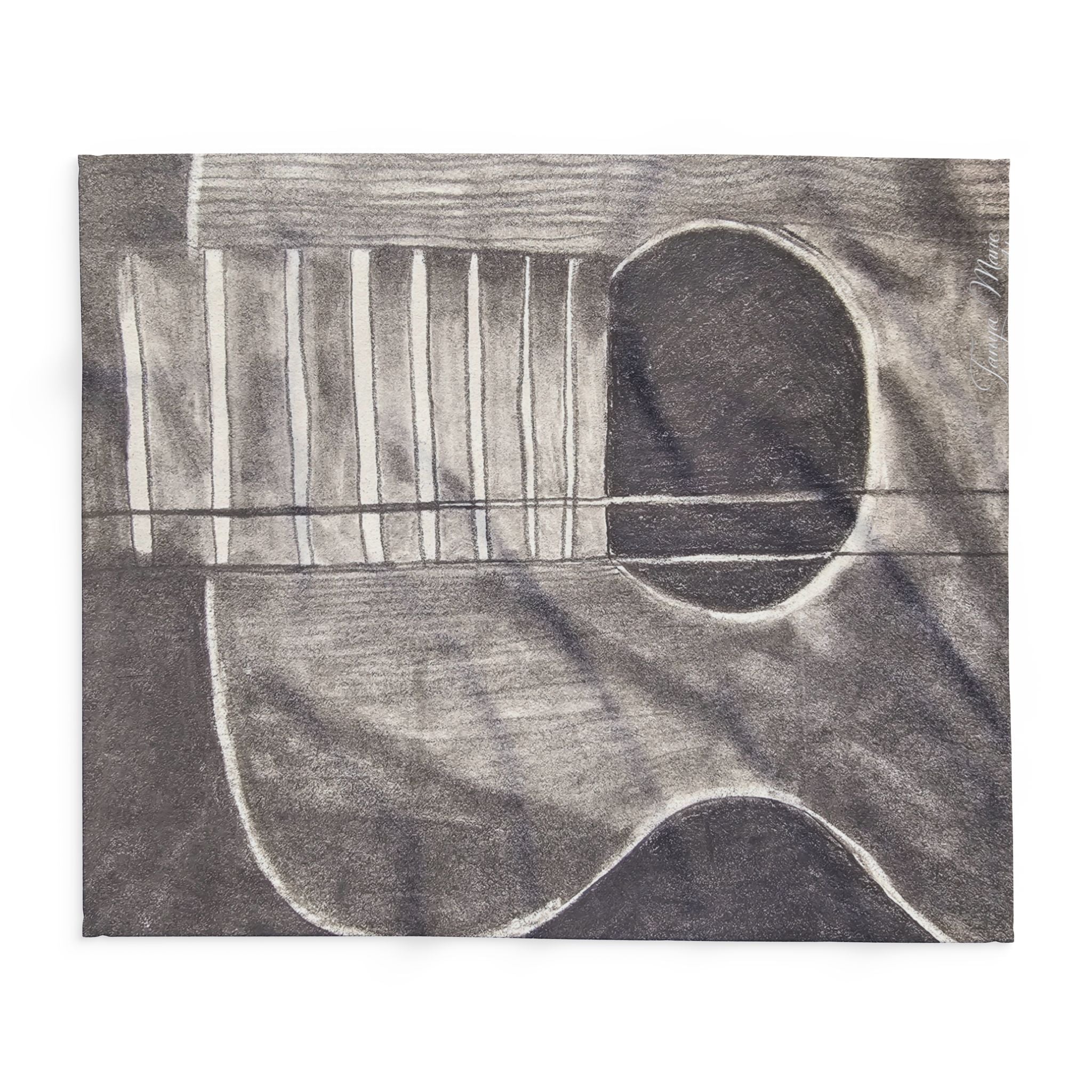 Gray acoustic guitar sketch fleece blanket, close-up of soundhole, strings, and fret bars