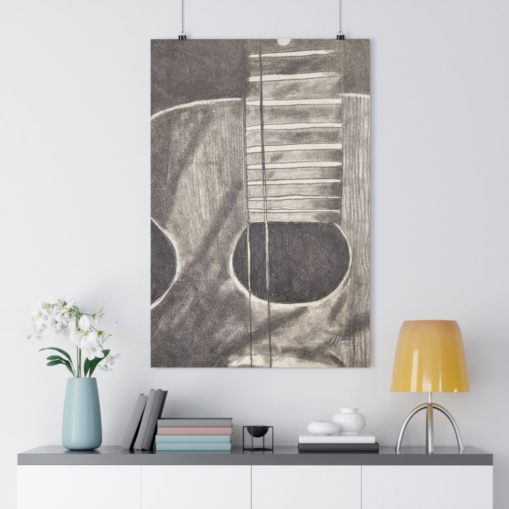 Acoustic Guitar Charcoal Giclée Art Print — Monochrome Music Wall Art