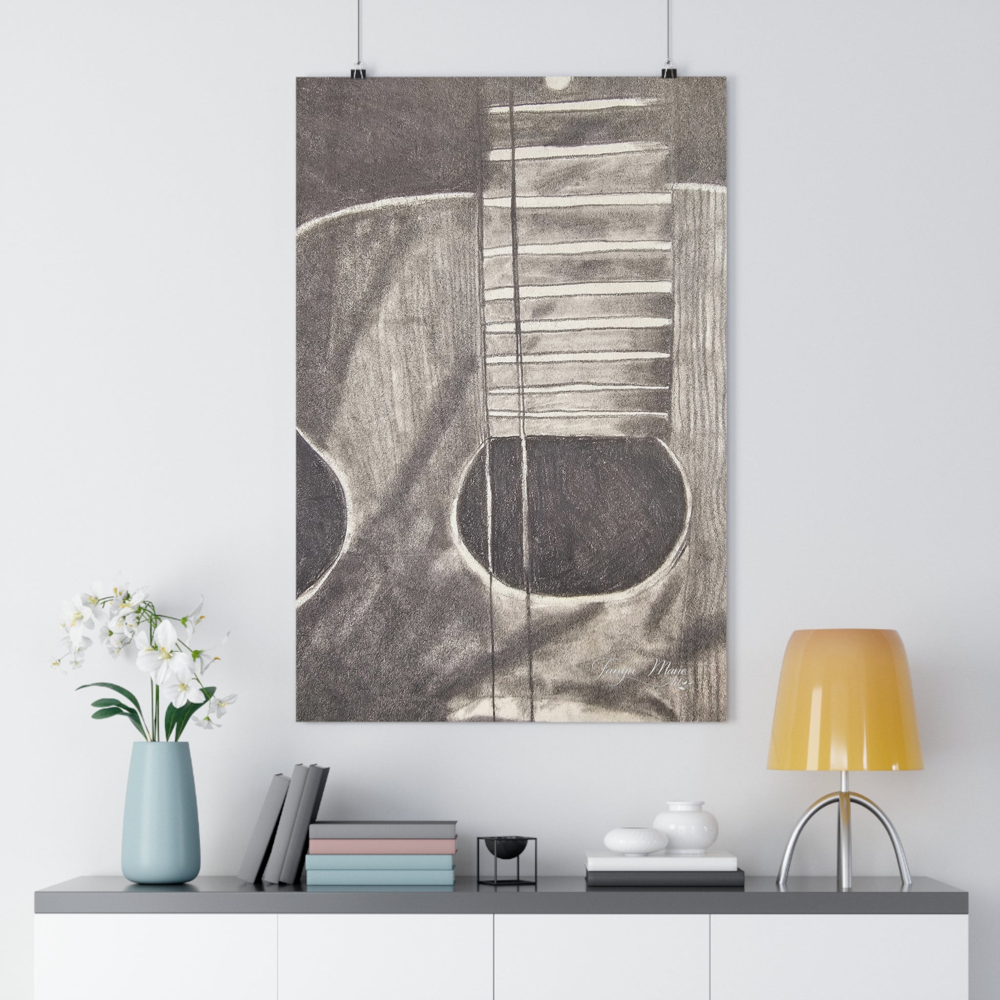 Acoustic Guitar Charcoal Giclée Art Print — Monochrome Music Wall Art