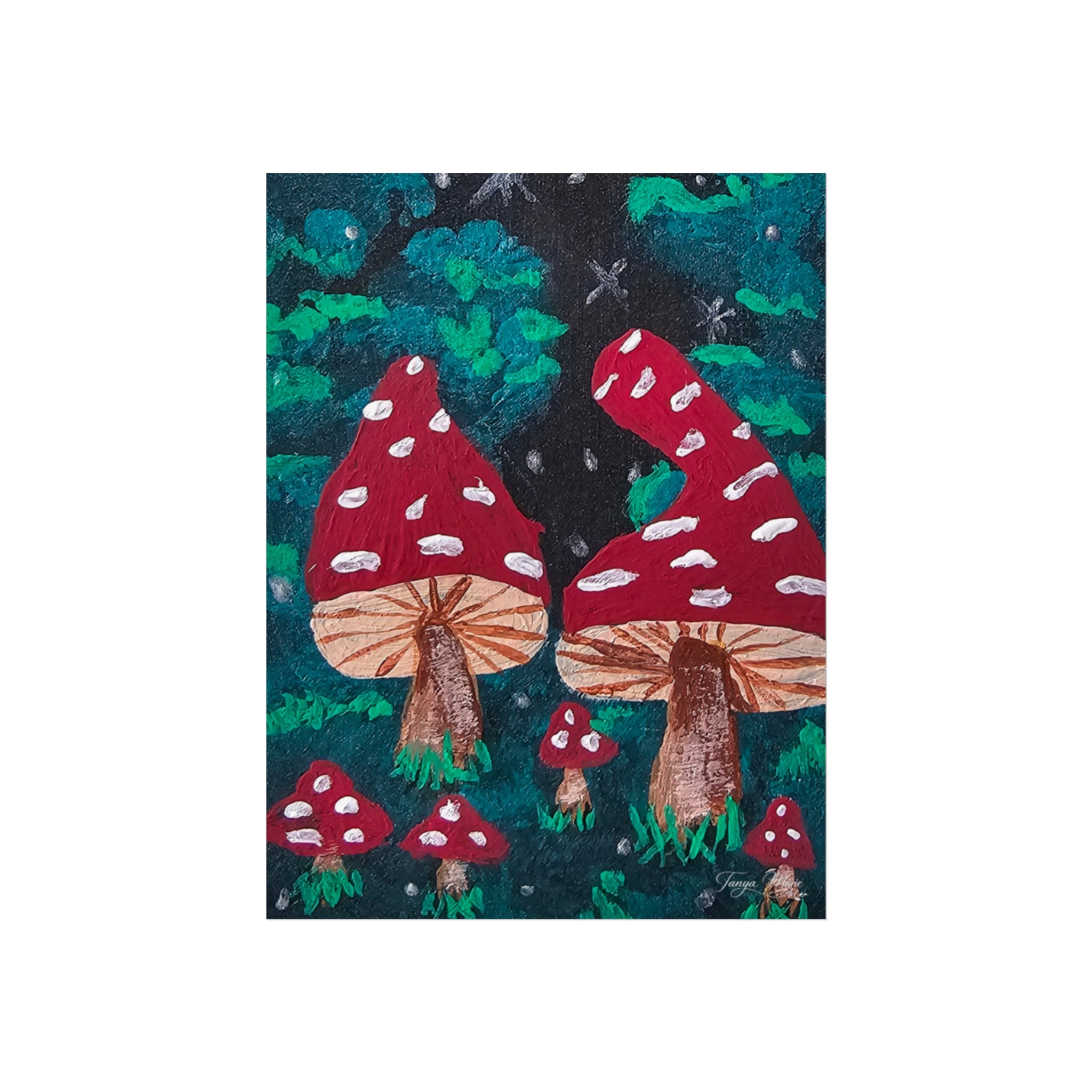 Whimsical fine art poster: red toadstools with white spots among green leaves and grass