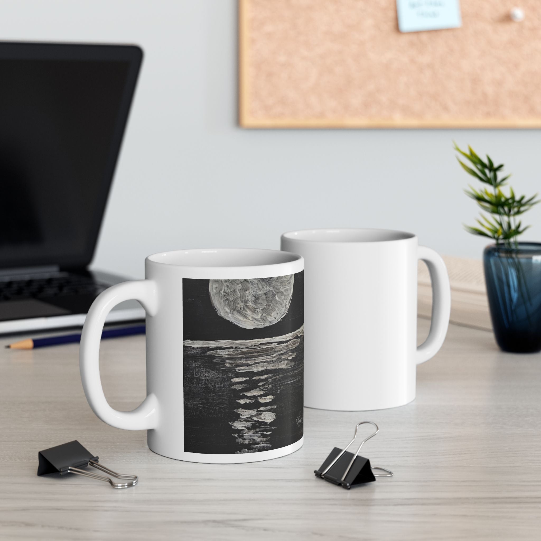 Moonlit Ocean Ceramic Mug – Black & White Lunar Seascape