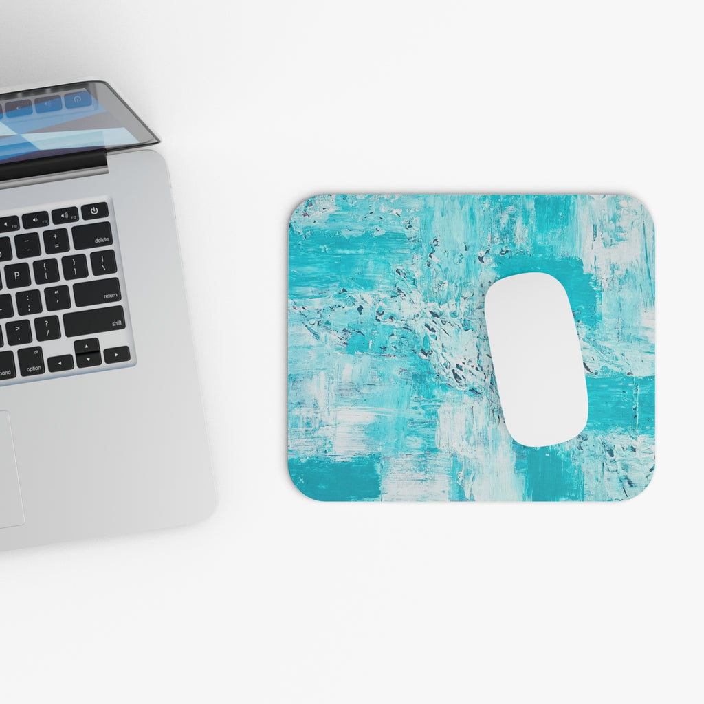 Rectangle mouse pad with turquoise abstract brushstroke design and white mouse cutout