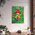 Matte fine art poster: red spotted mushroom cottage in green forest with dark animal