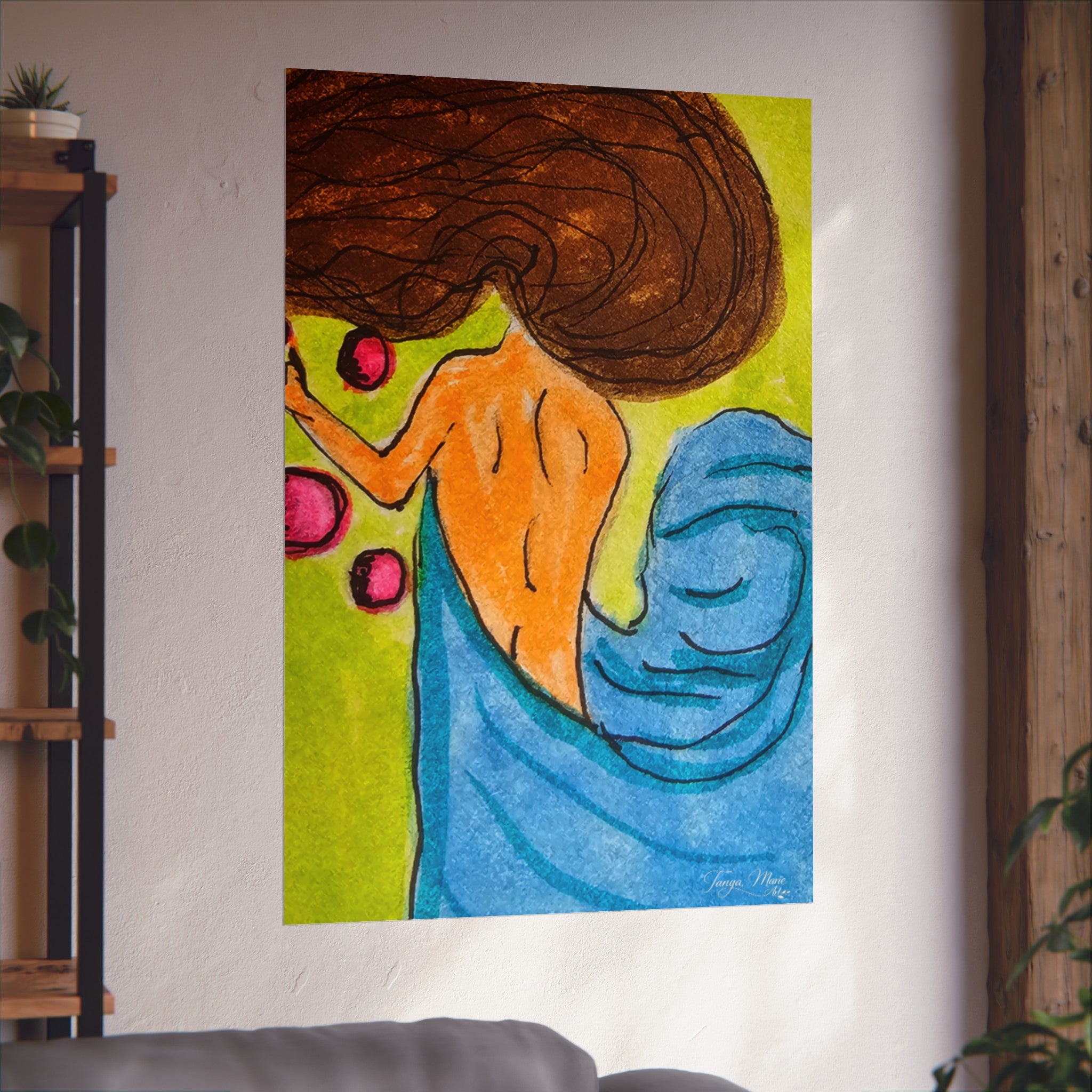 Abstract woman art poster close-up with blue drapery, orange skin, brown hair, pink orbs, matte