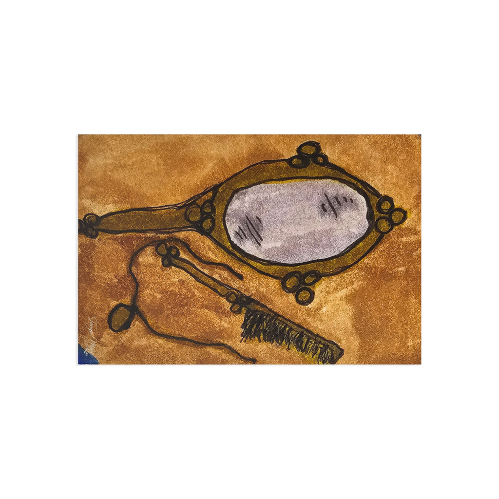 Art postcard greeting card featuring vintage hand mirror illustration in brown tones