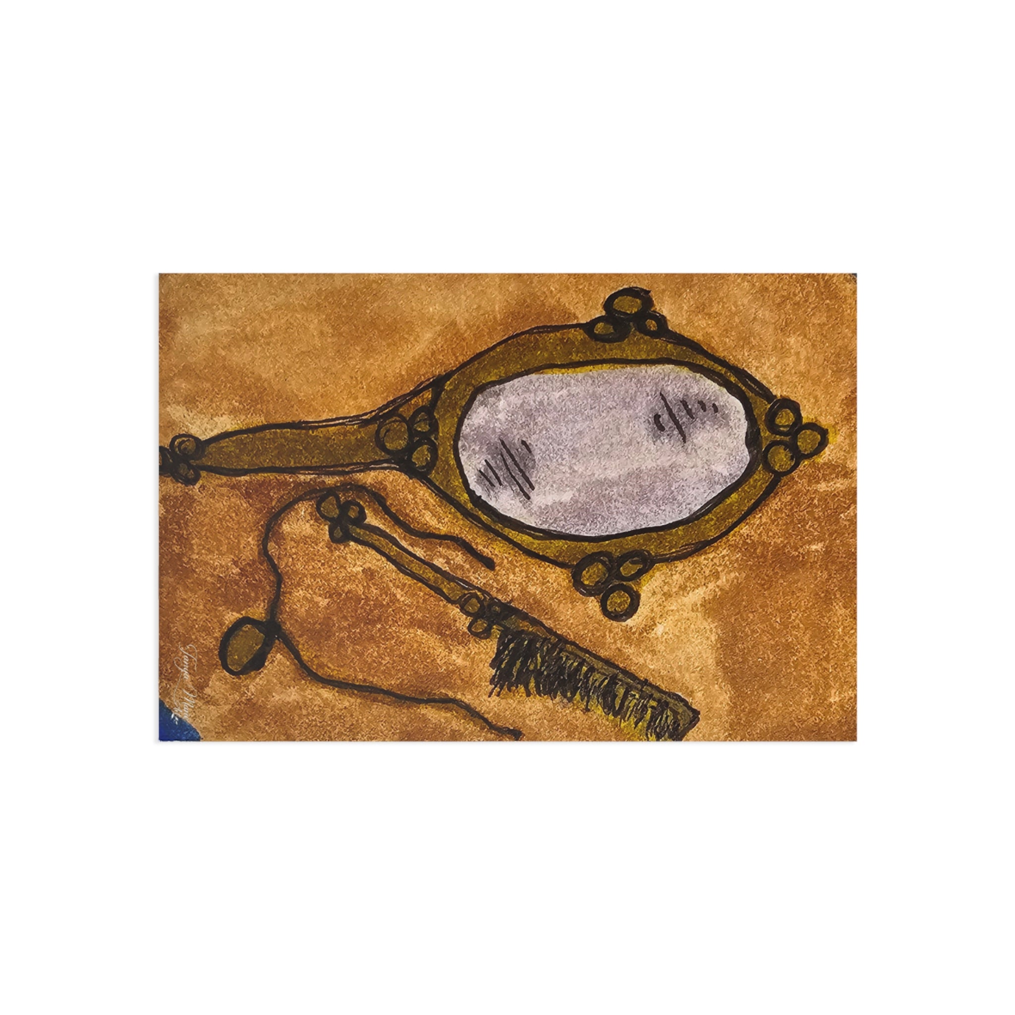 Art postcard greeting card featuring vintage hand mirror illustration in brown tones