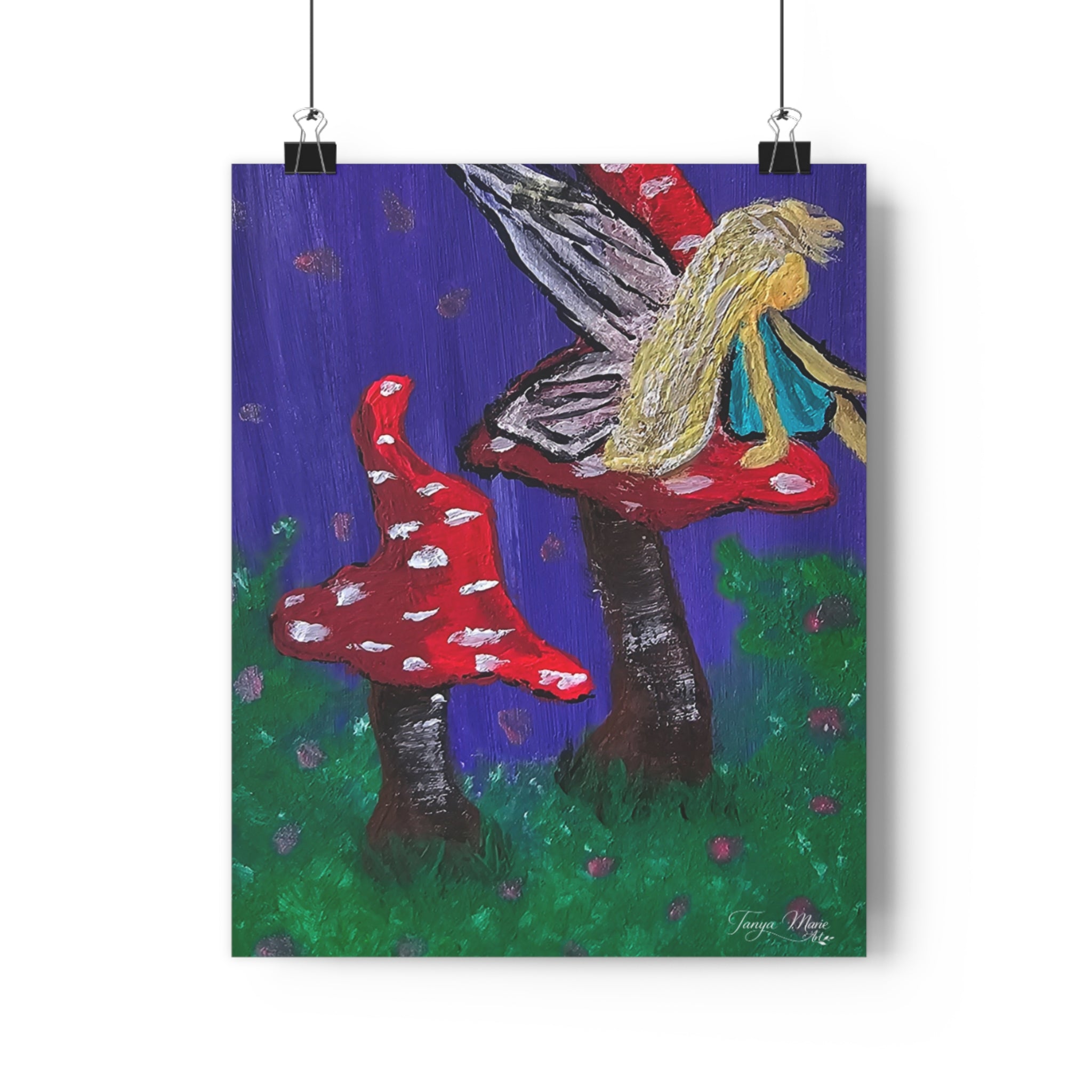 Close-up mushroom fairy art print with red spotted toadstool mushrooms and winged fairy