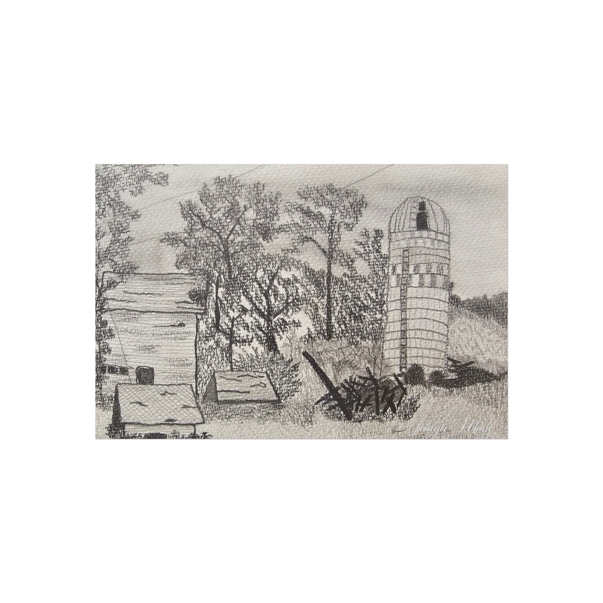 Farm with Silo – Pencil Drawing (Digital Download)