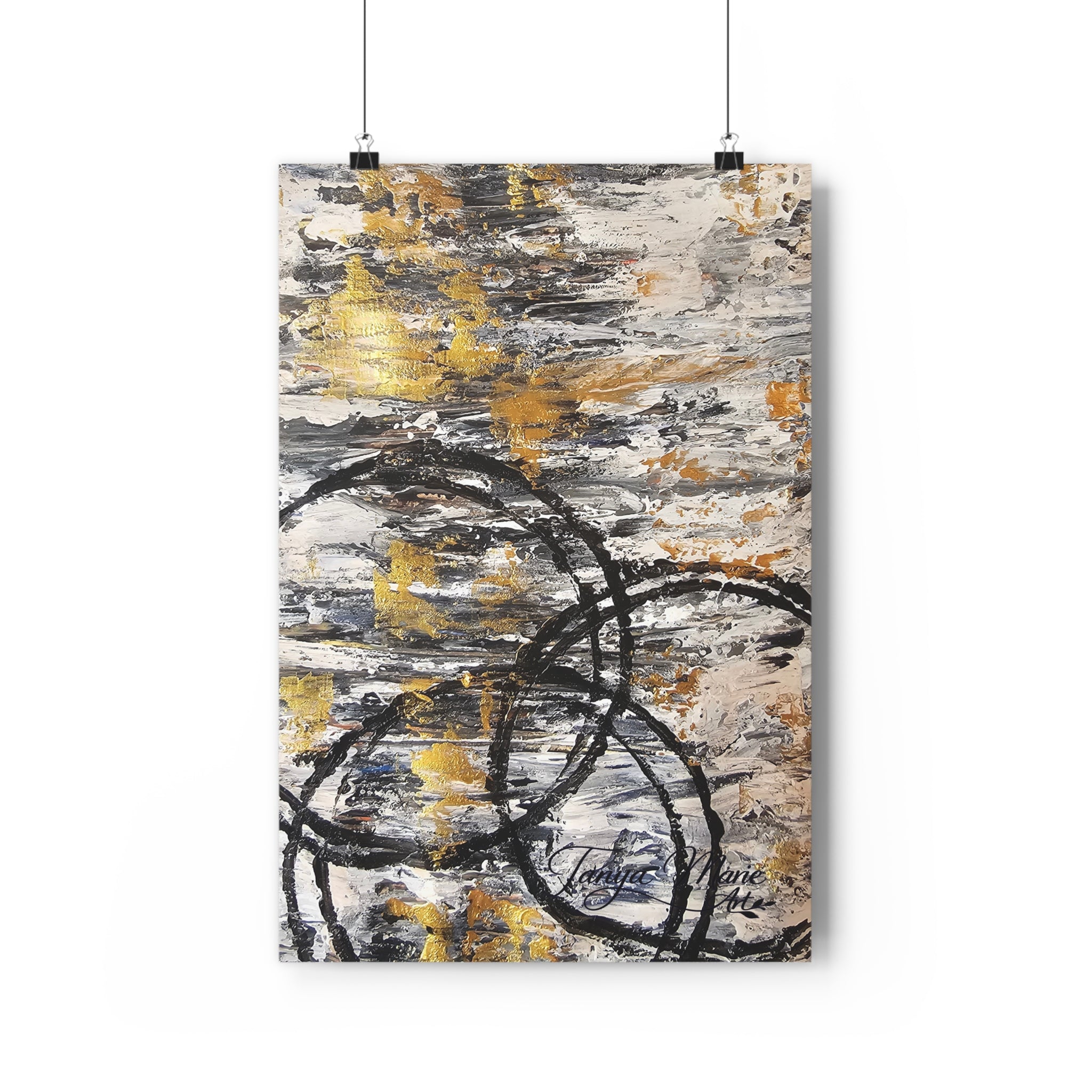 Abstract Gold Texture with Black Rings Giclée Art Print | Modern Textured Wall Art