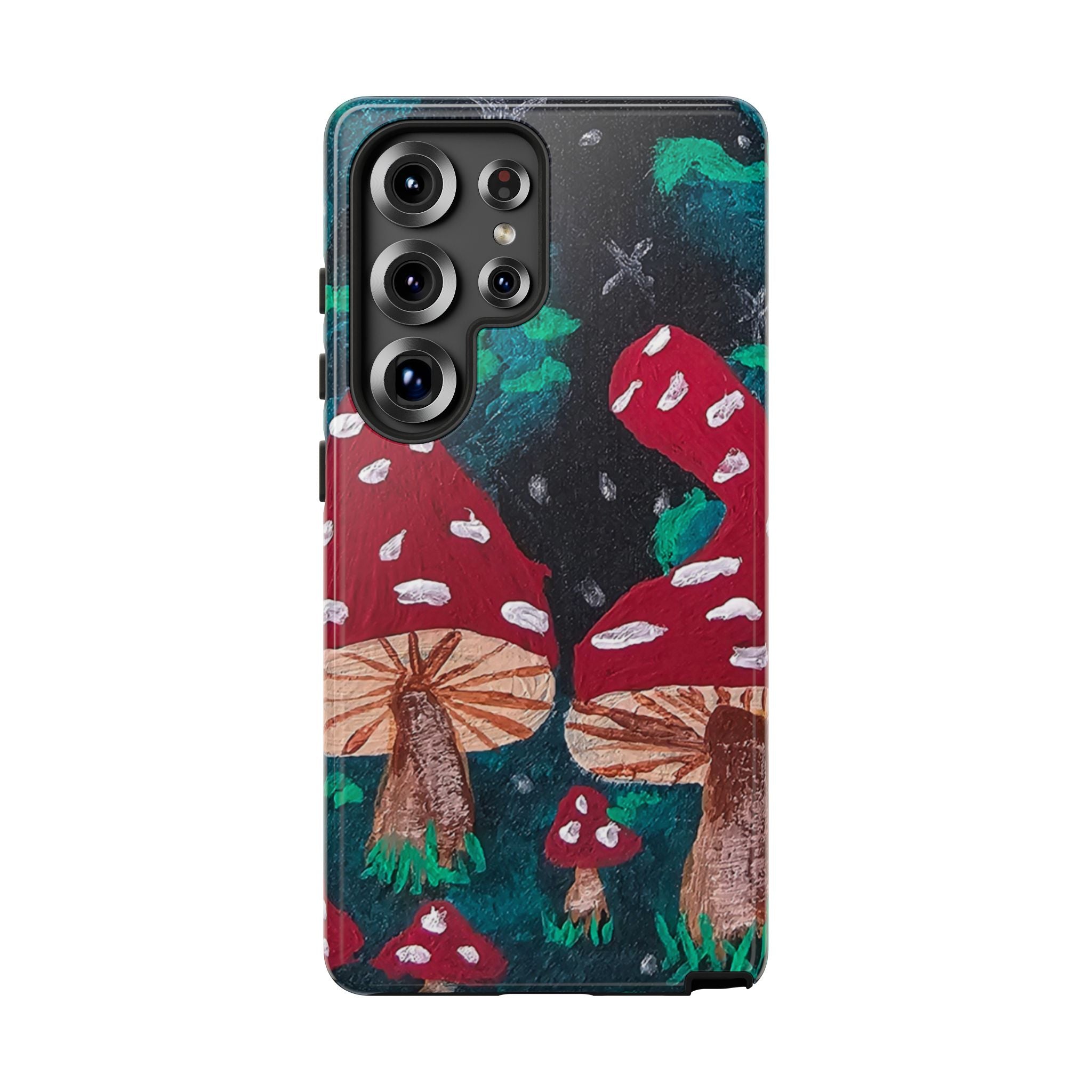 Tough phone case with mushroom forest pattern; large camera module and flash cutout on back.