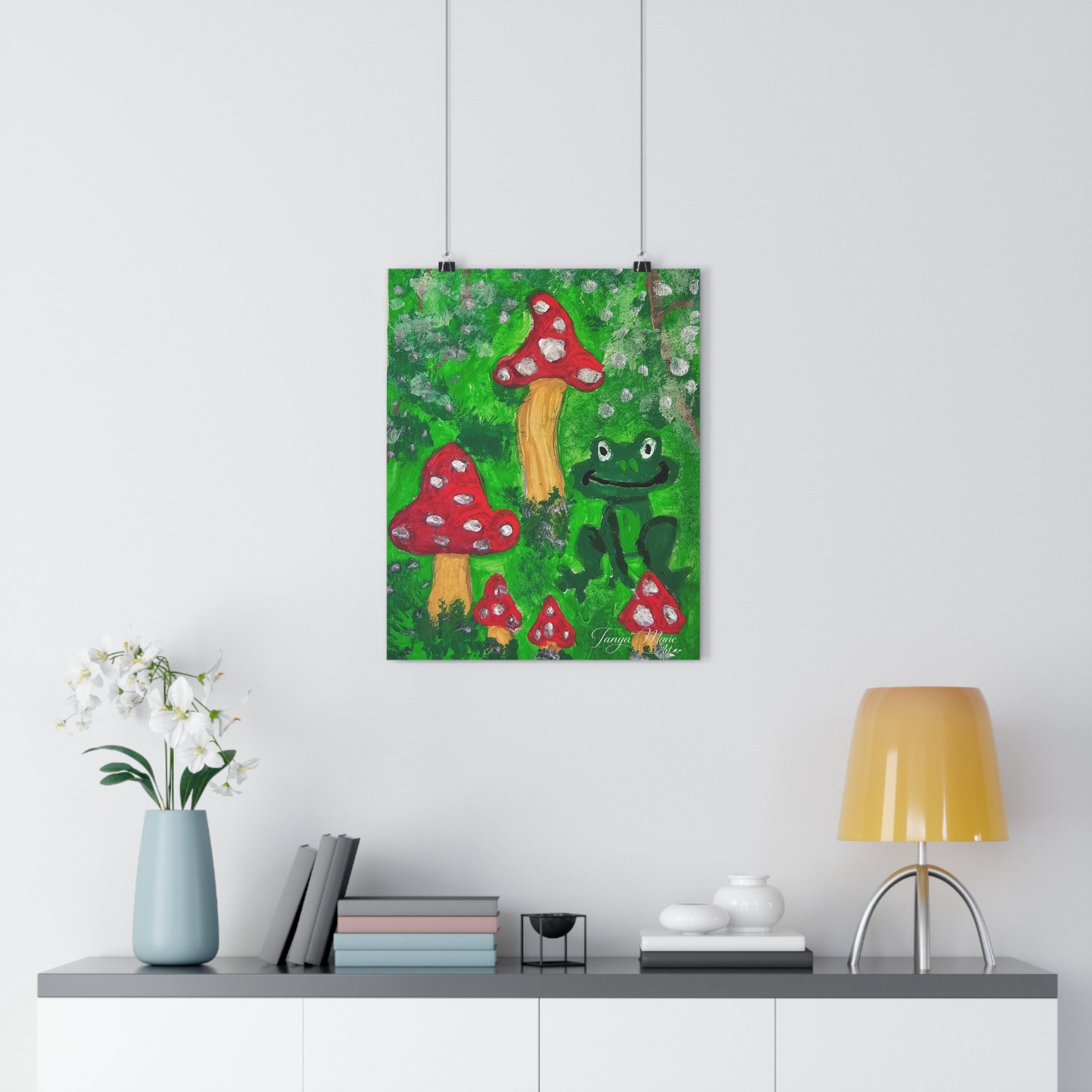Giclée art print of a frog and red toadstools in a green forest scene