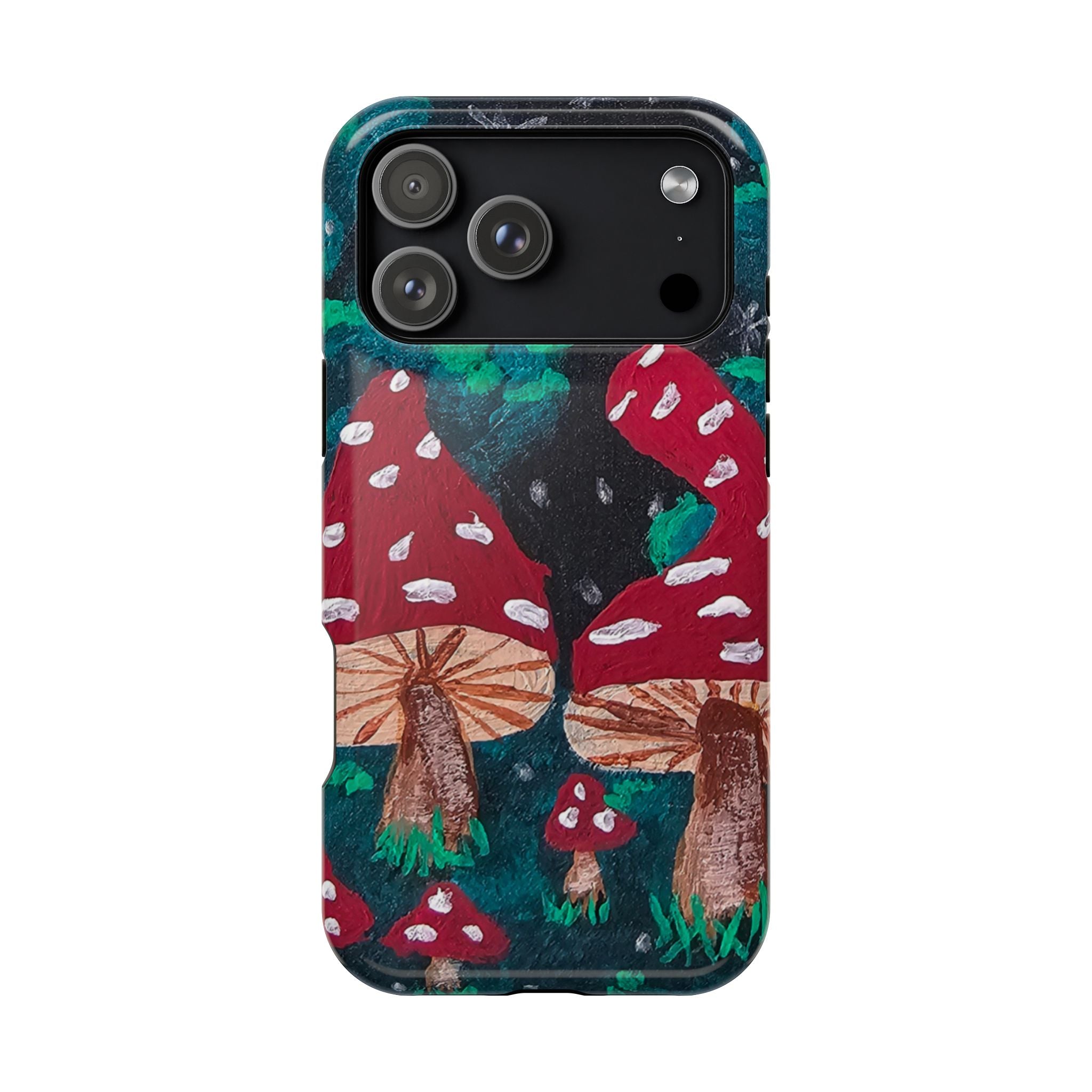 Phone case with red toadstool forest design, quad camera cutout on top