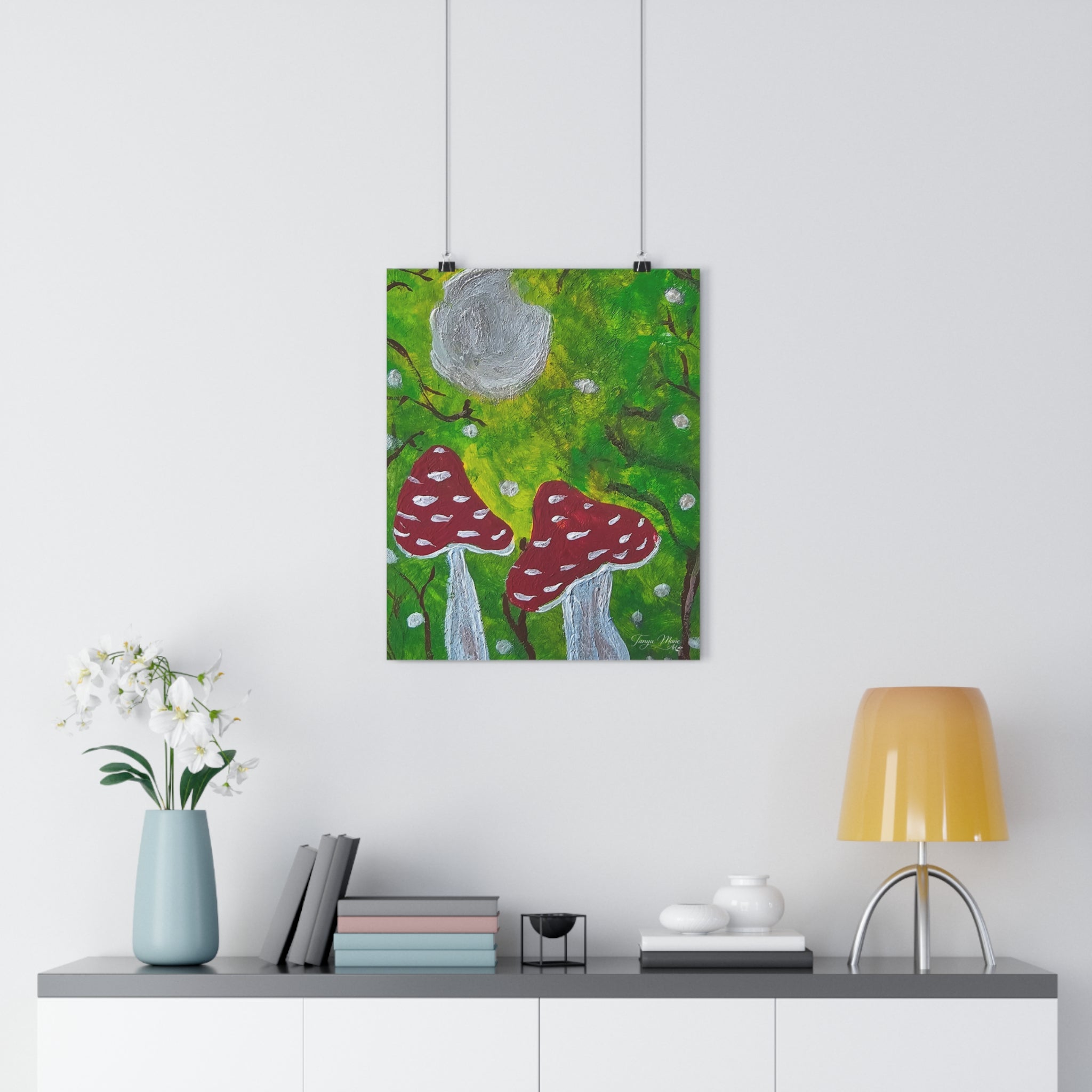 Square wall art print: green woodland with gray moon disk and red spotted mushrooms