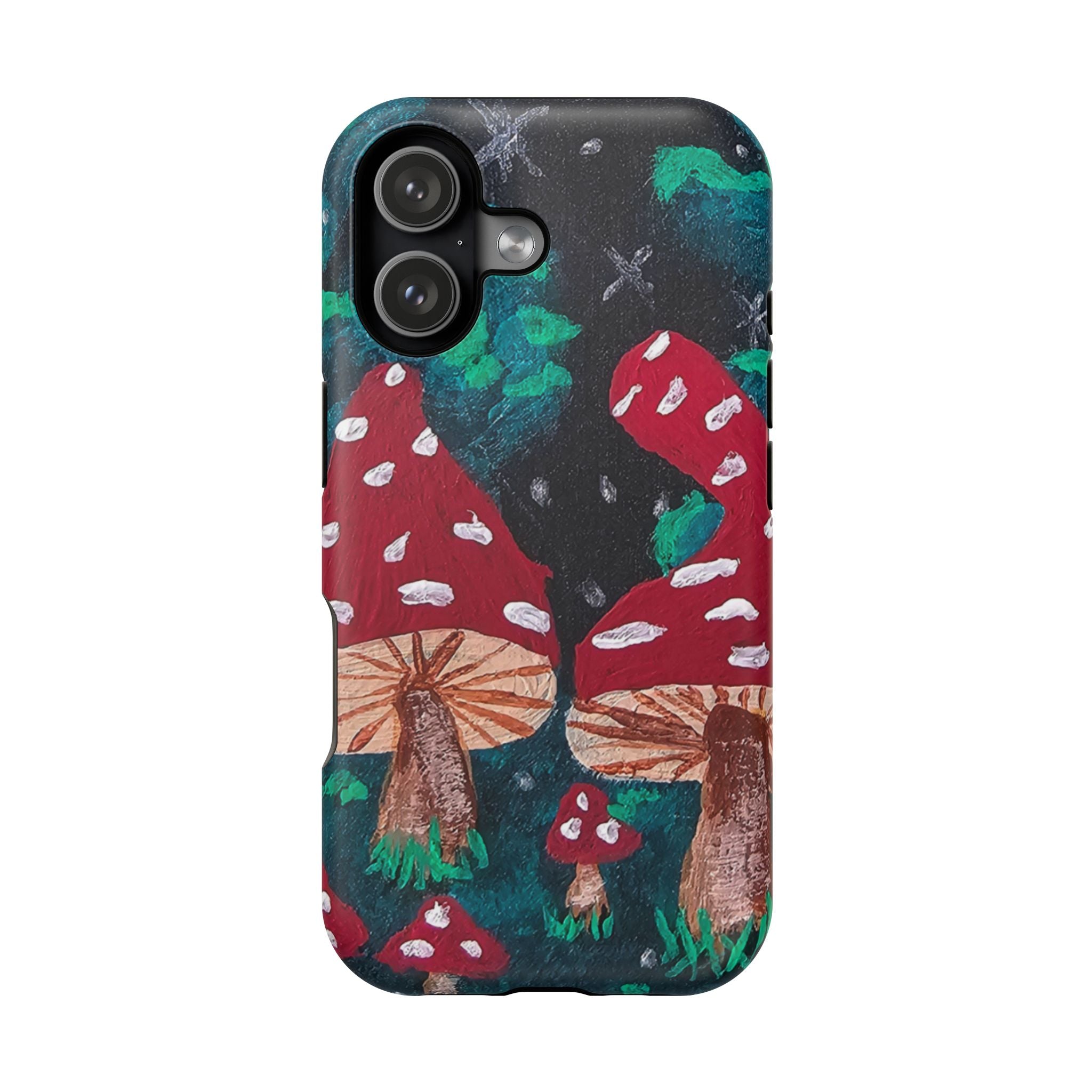 Phone case with red toadstool forest design, camera cutouts and flash area visible