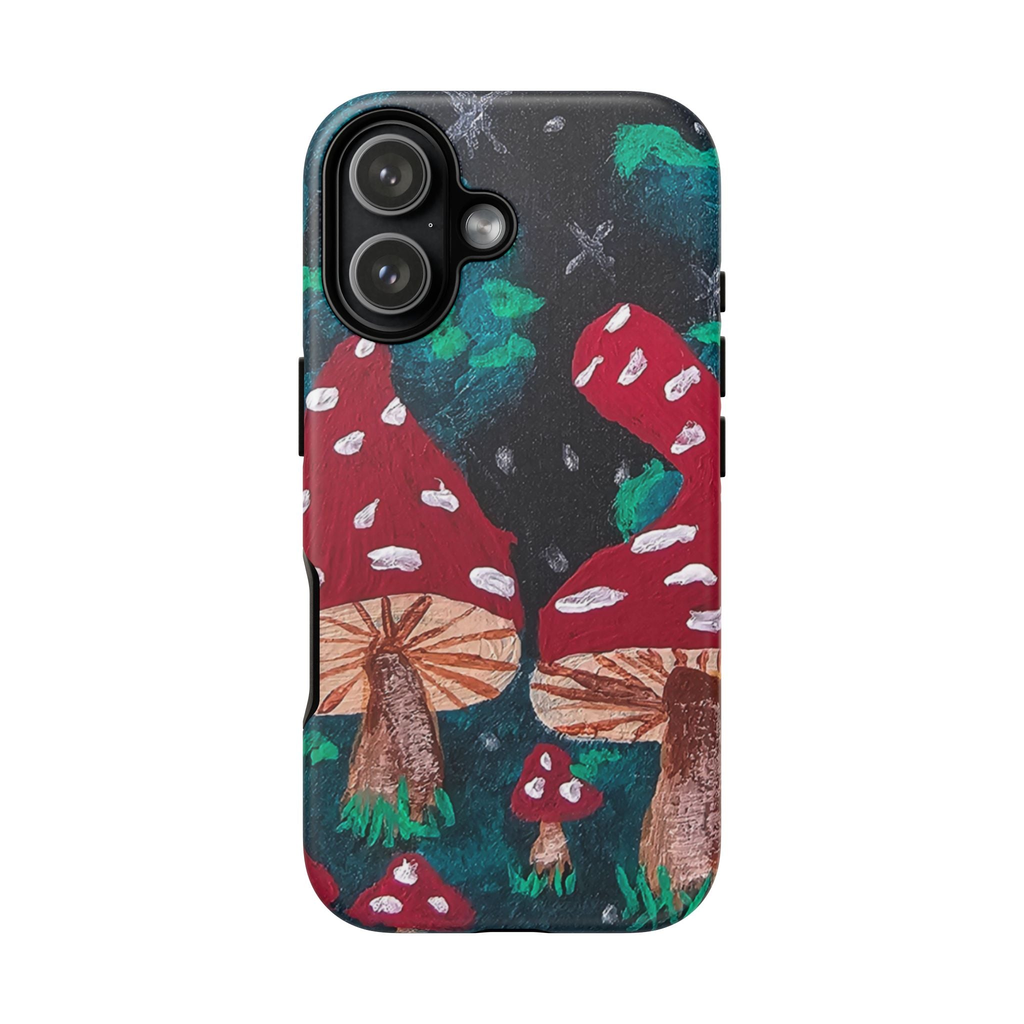 Tough phone case with mushroom forest artwork; teal border and camera cutouts, side button cutout.