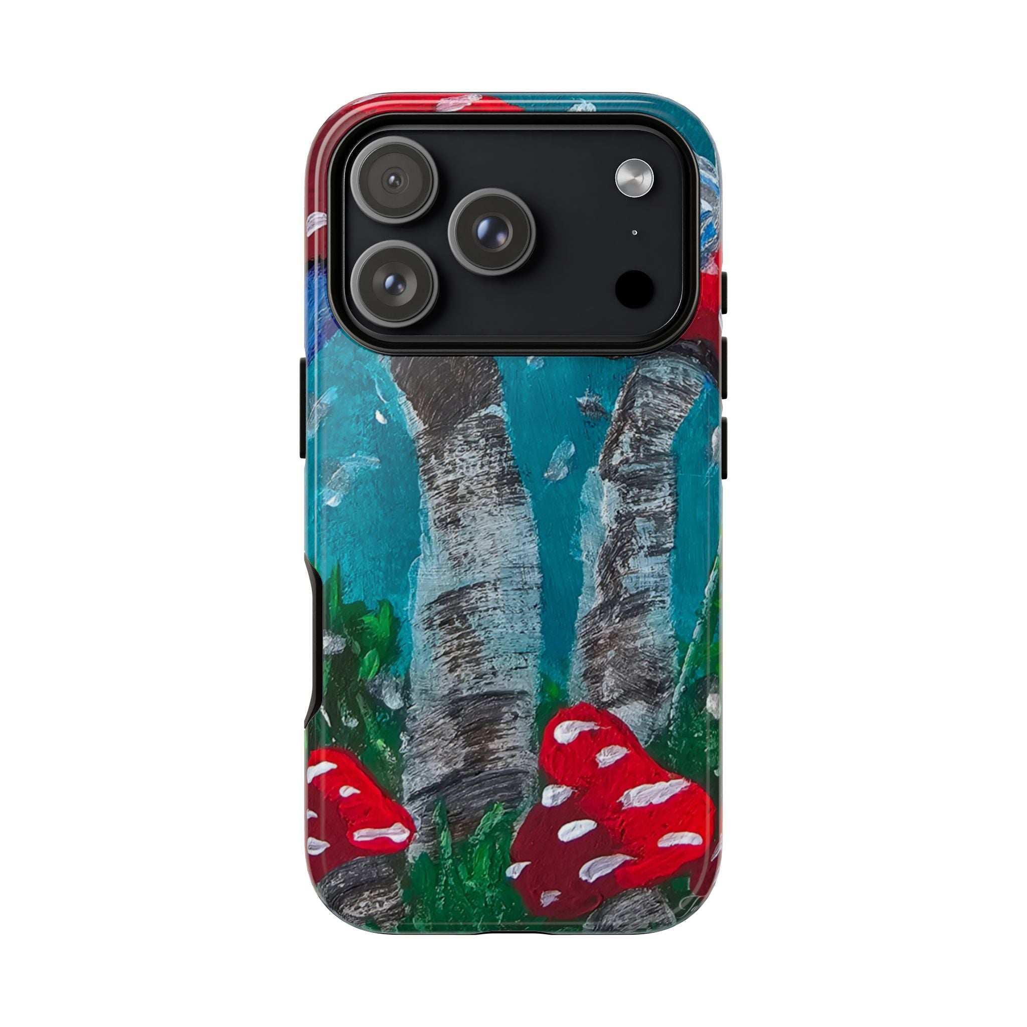 Protective phone case with hand-painted red toadstools over teal and gray forest art; camera cutouts
