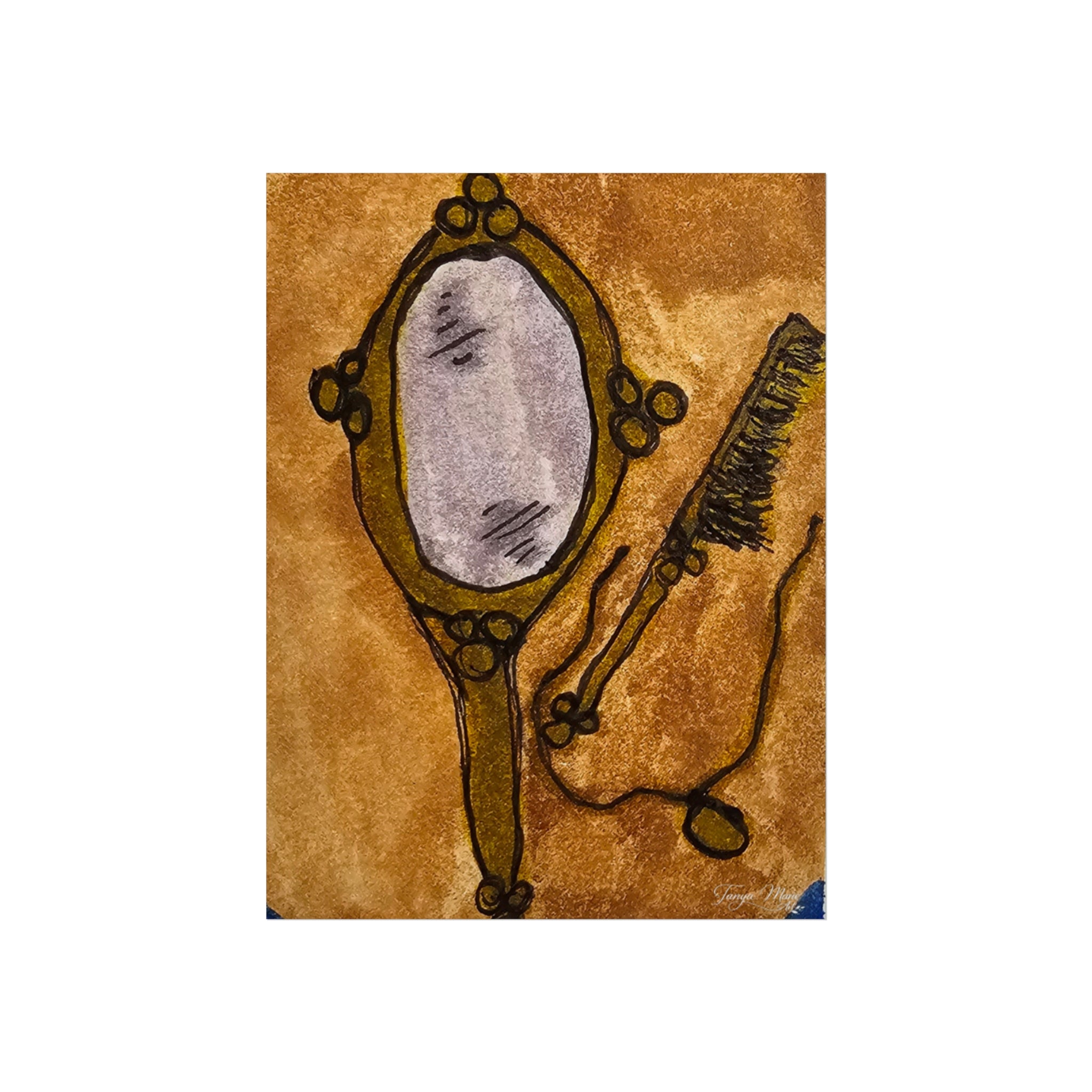 Poster artwork of vintage hand mirror and comb with warm brown textured paper look