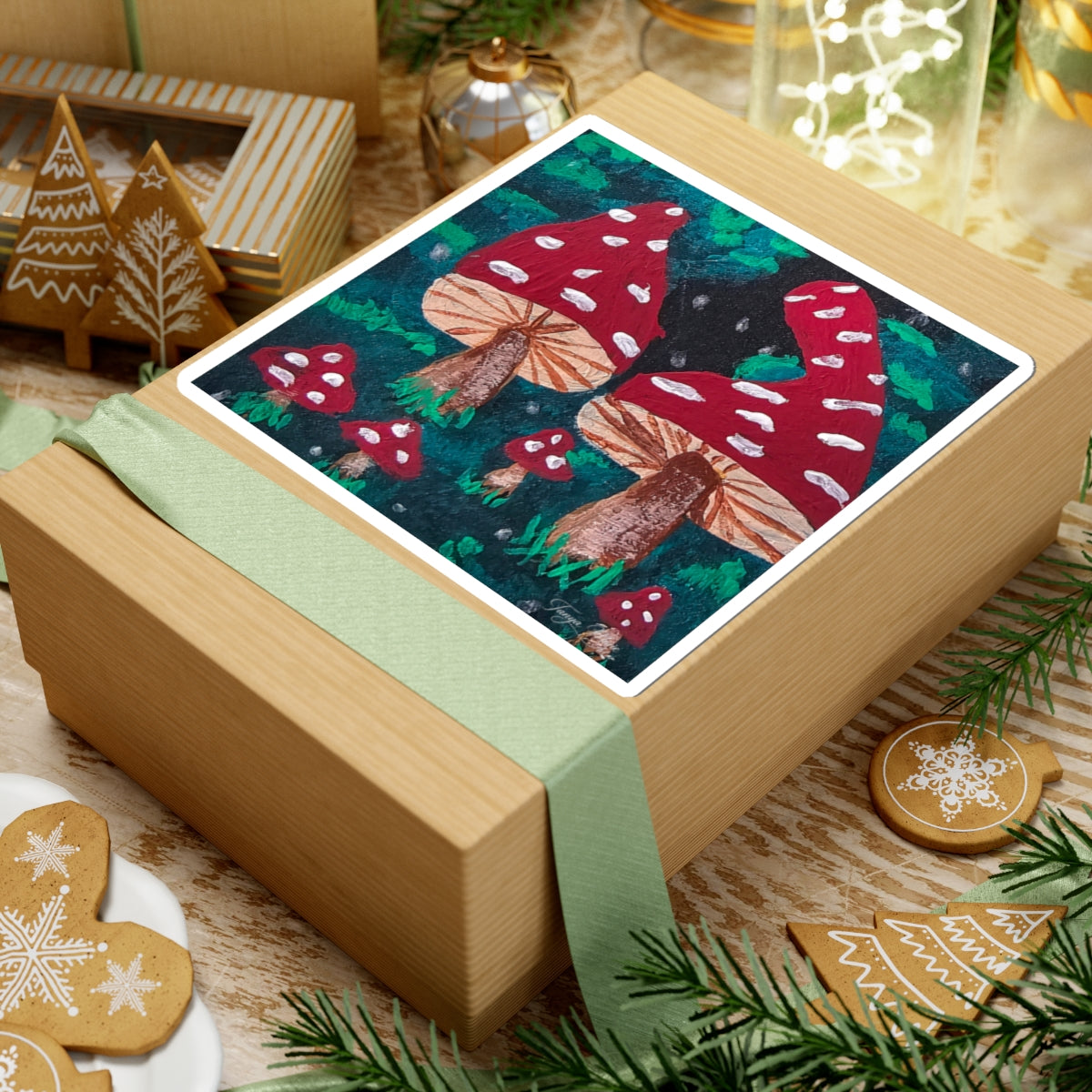Kiss-cut sticker on holiday gift: red mushrooms with white spots and green forest art