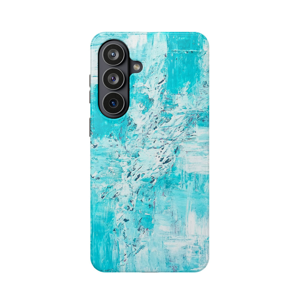 Turquoise abstract phone case with vertical camera lenses and protective corner trim.