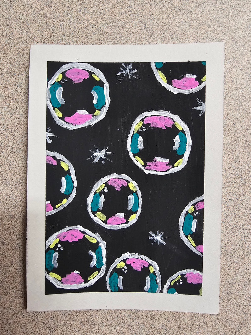 The product is an abstract painting on paper by artist Tanya_Marie_Art, featuring a black background and color bubbles. Measuring 2.5 x 3.5 inches, the unframed painting is an original piece produced in 2026 using gouache painting technique. This ACEO artwork falls under the abstract style and theme of art, making it a unique addition to any art collection. Signed by the artist. Mailed in sealed, clear plastic to keep it clean. For personal use only.