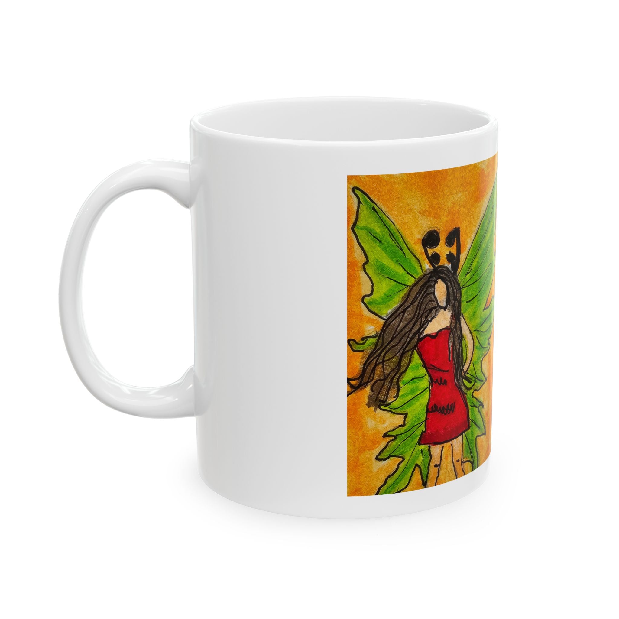 White ceramic mug with front artwork of a green-winged fairy in a red dress against orange.