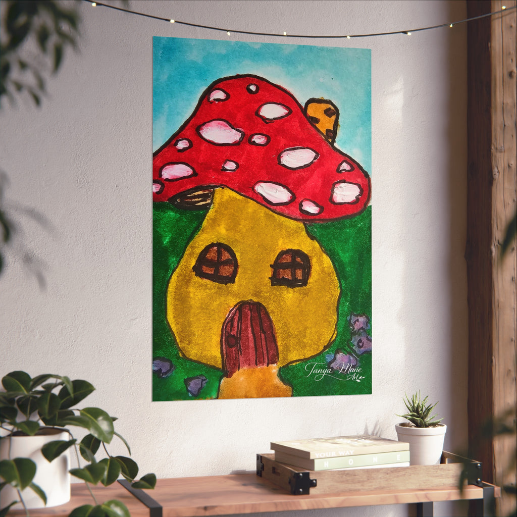 Whimsical mushroom house art poster with red spotted mushroom and yellow cottage