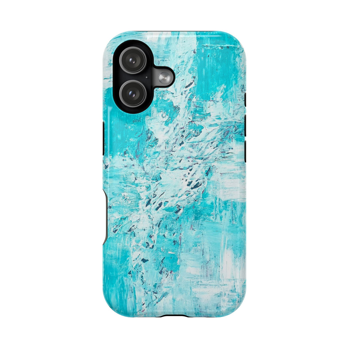 Turquoise abstract phone case with raised camera cutouts and dark lens openings.