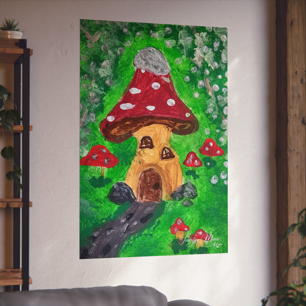 Whimsical fine art poster, red mushroom house with gray cap and green foliage scene
