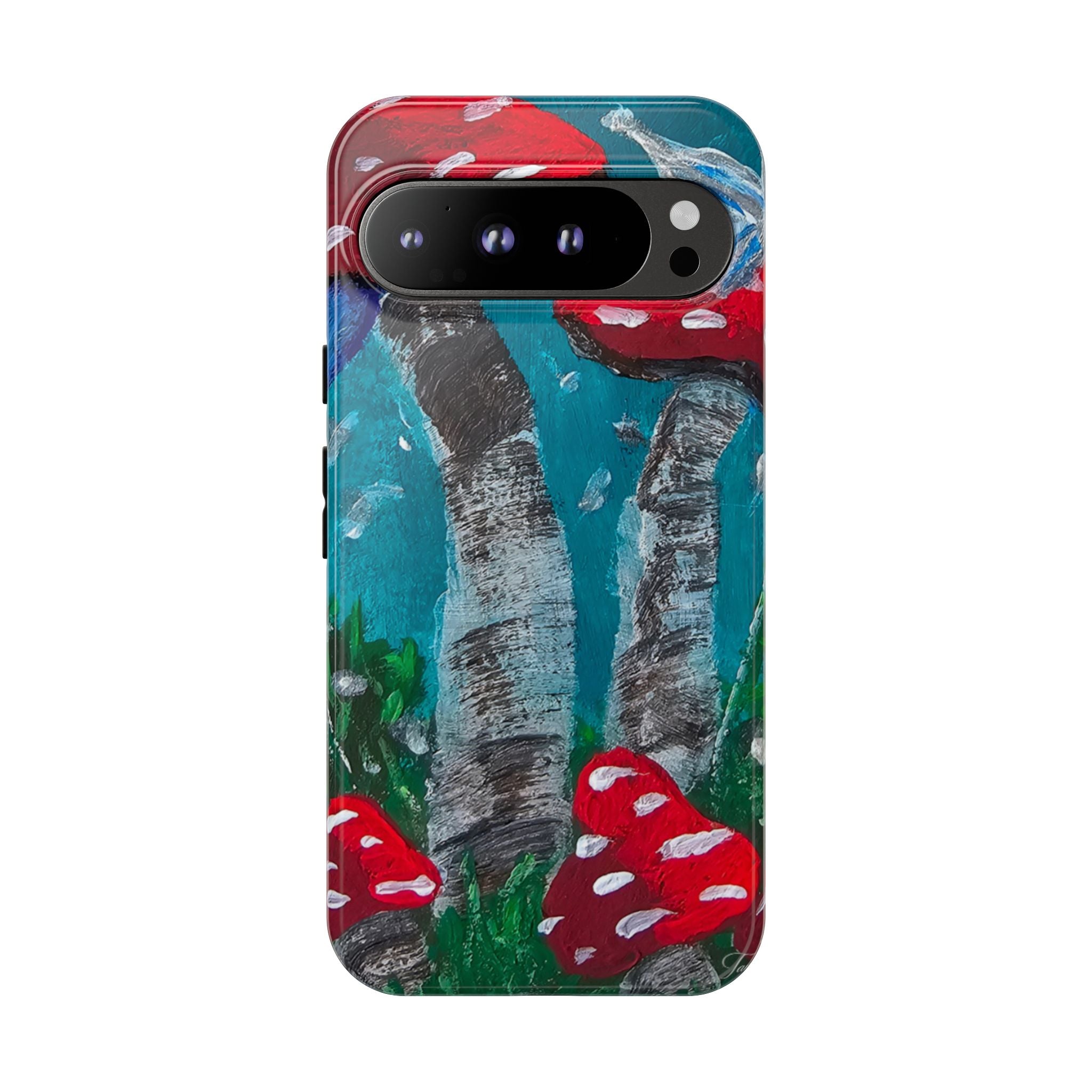Phone case with glossy finish, teal birch trees and red toadstools, visible camera bar.