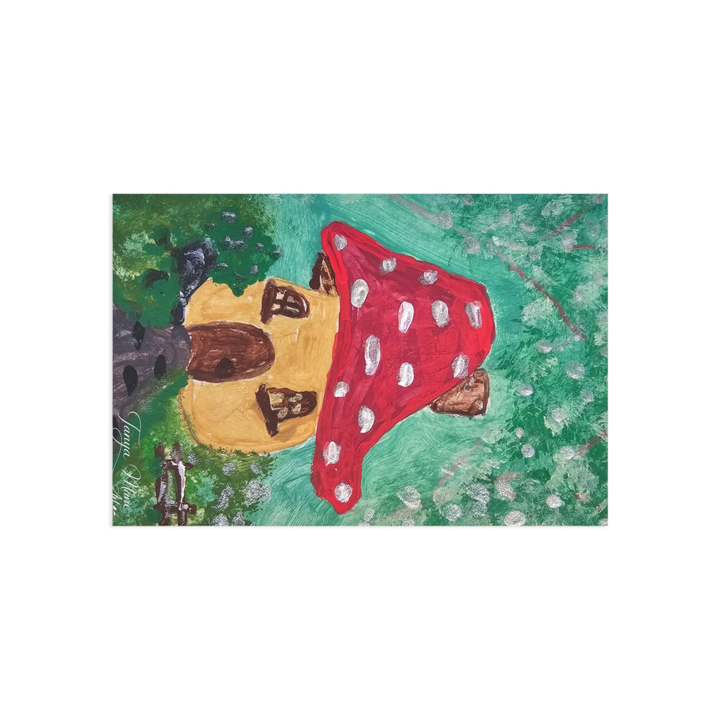 Fairy house greeting card postcard featuring red mushroom cottage artwork