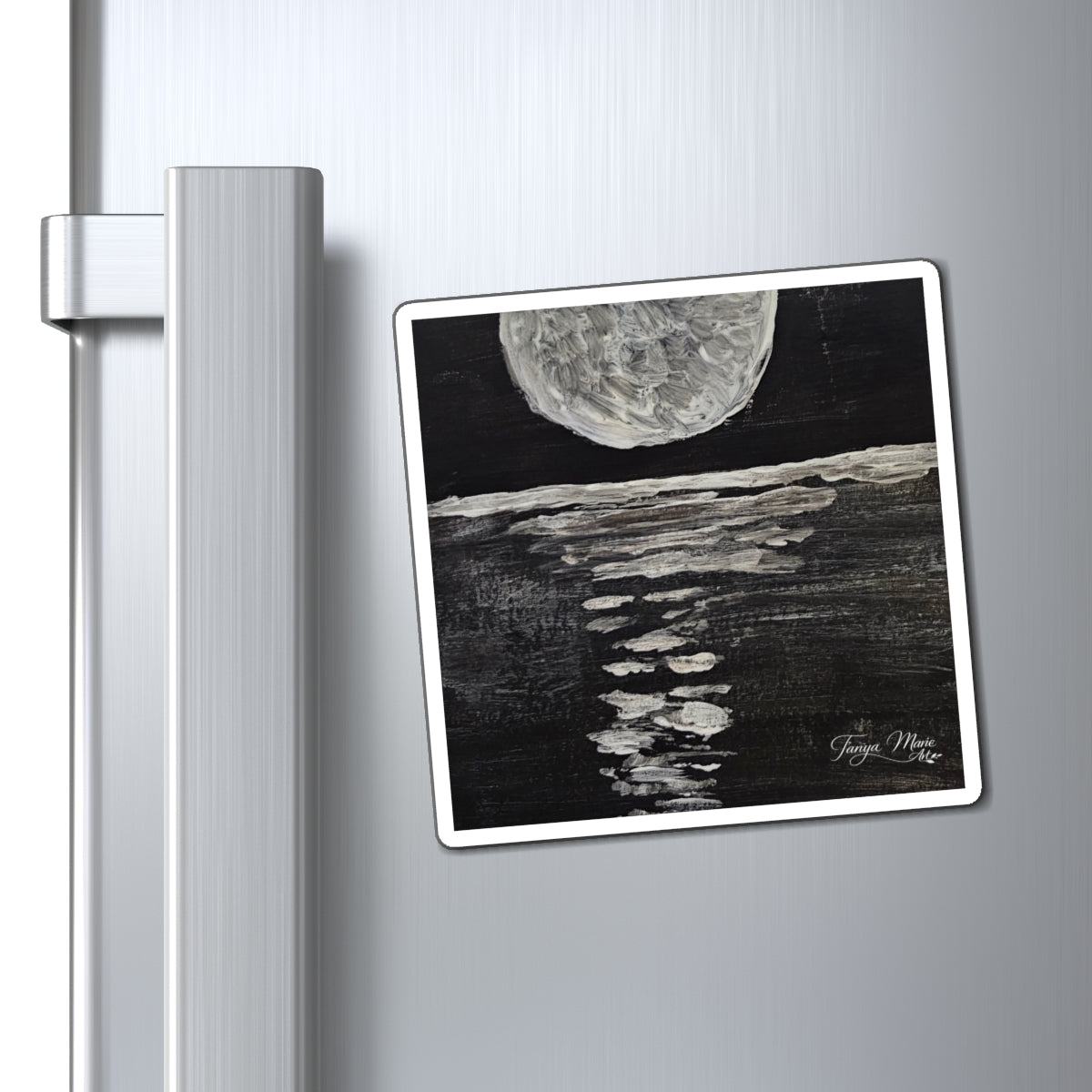 Moonlit Ocean Magnet — Black & White Lunar Art Refrigerator Magnet