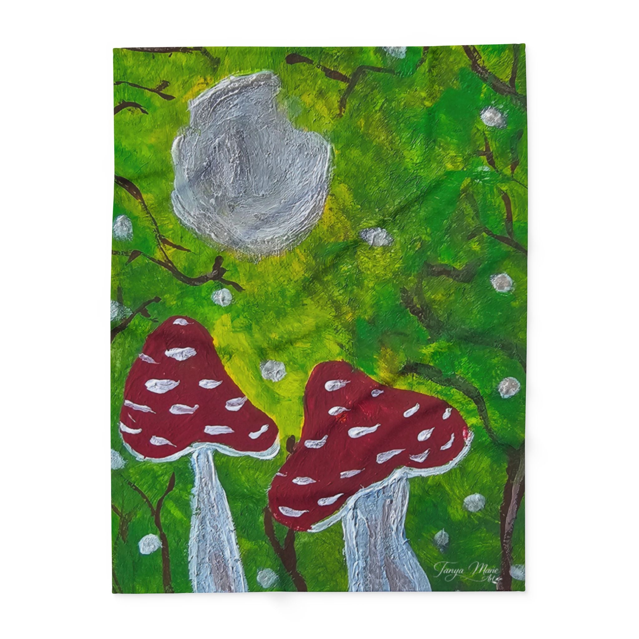 Fleece blanket with red mushrooms, gray moon, and green forest illustration print