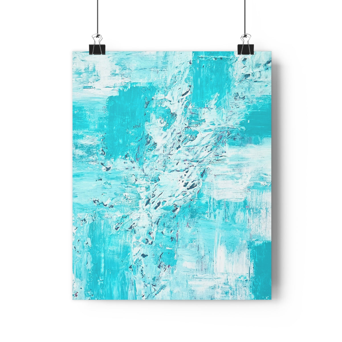 Abstract turquoise ocean giclée art print with textured blue and white brushstrokes