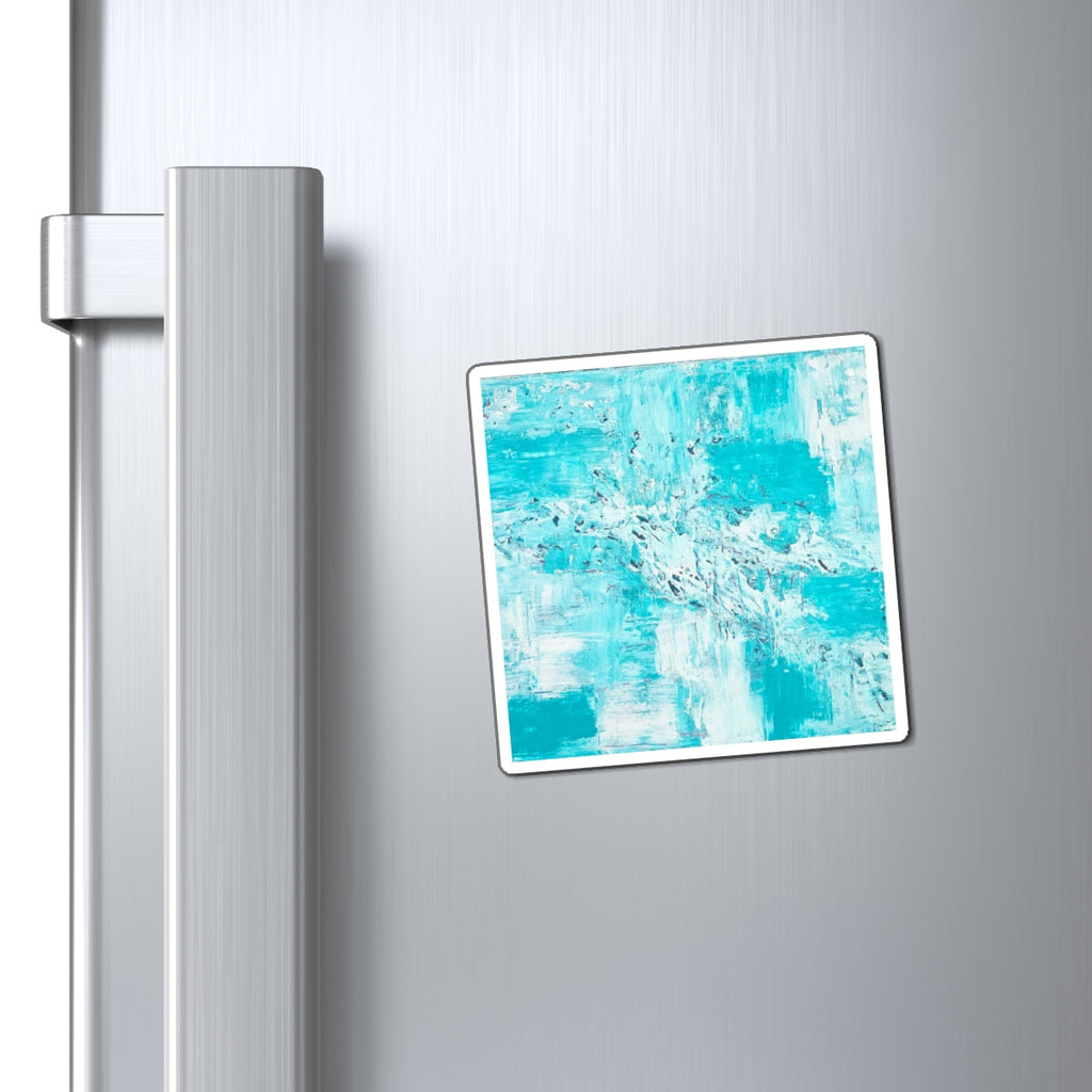 Ocean-blue abstract refrigerator magnet, teal and white paint splash with white border