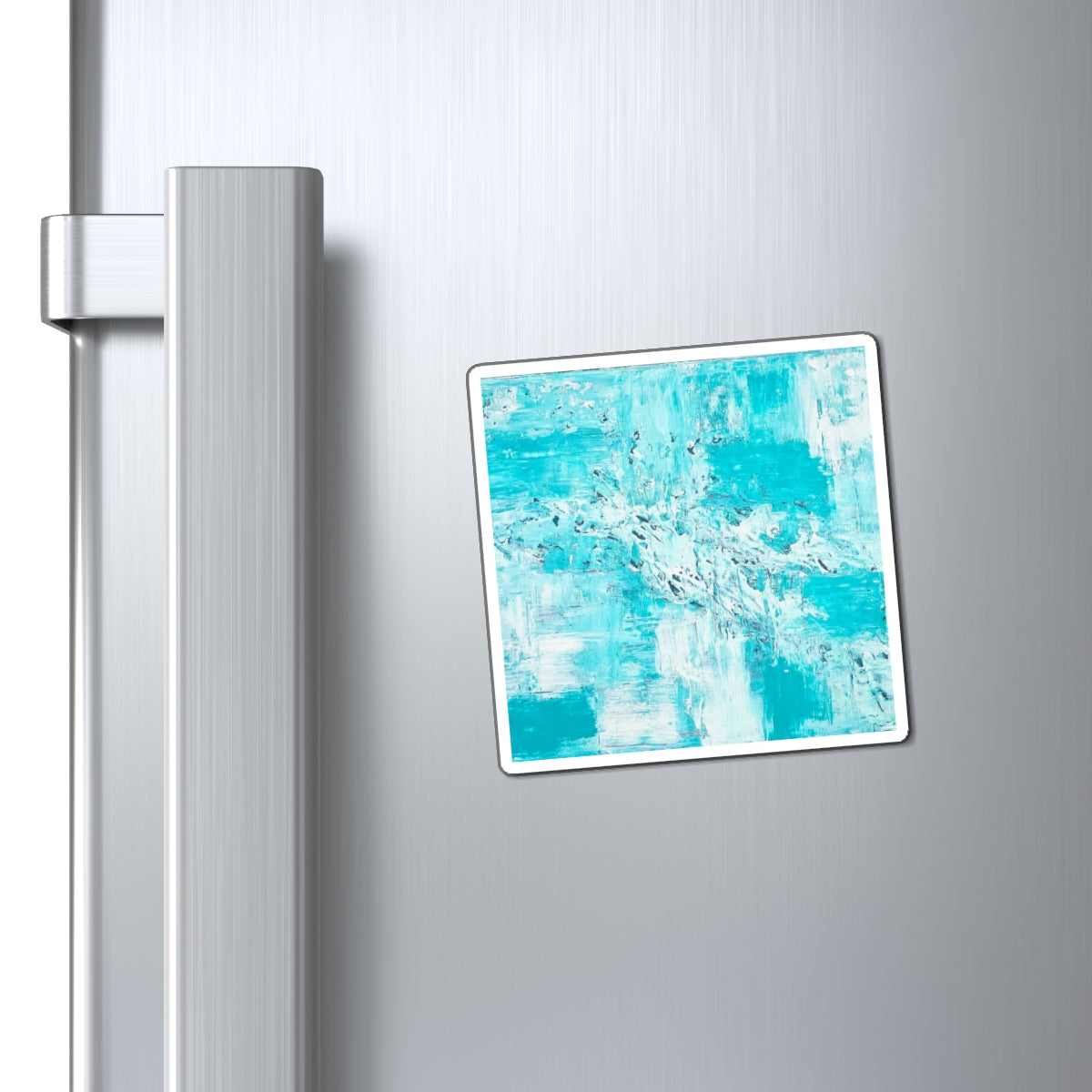 Ocean-blue abstract refrigerator magnet, teal and white paint splash with white border