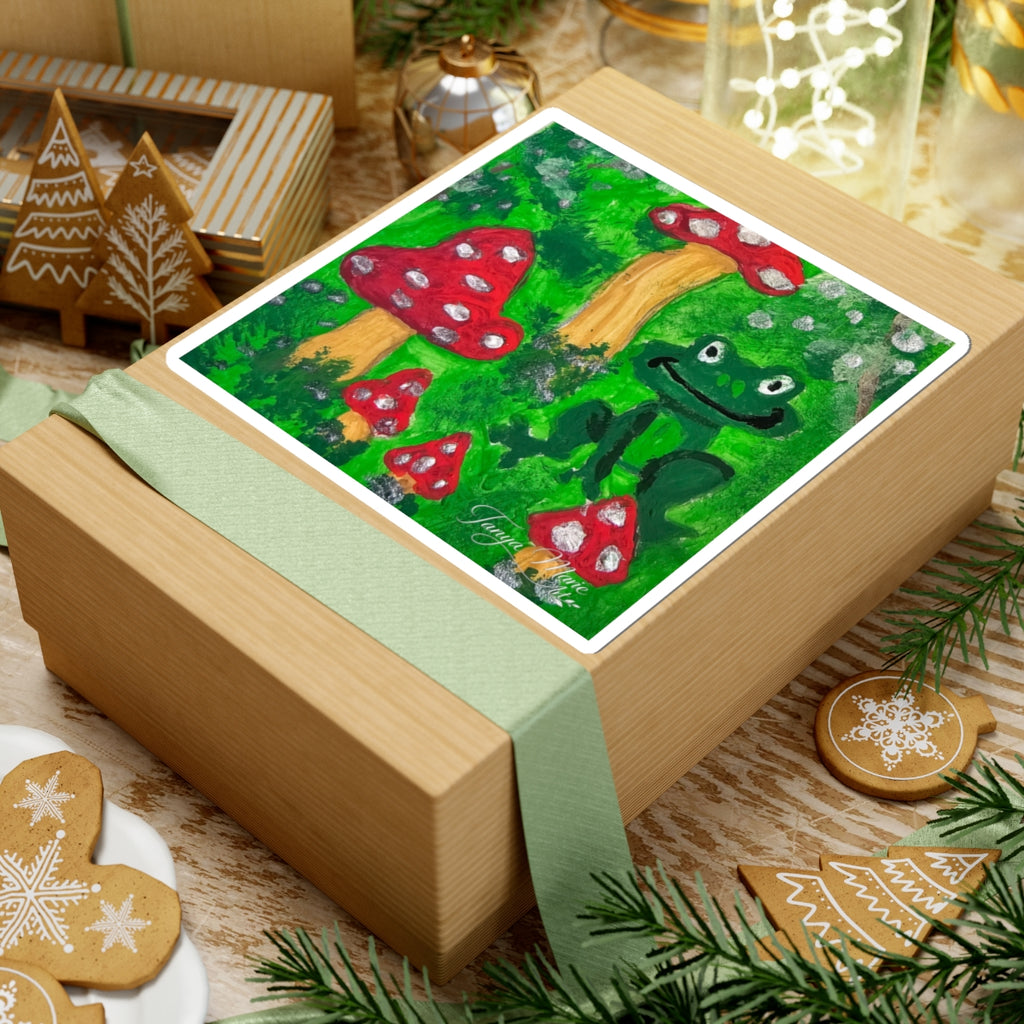 Kiss-cut garden sticker with green frog and red toadstools, white outline frame