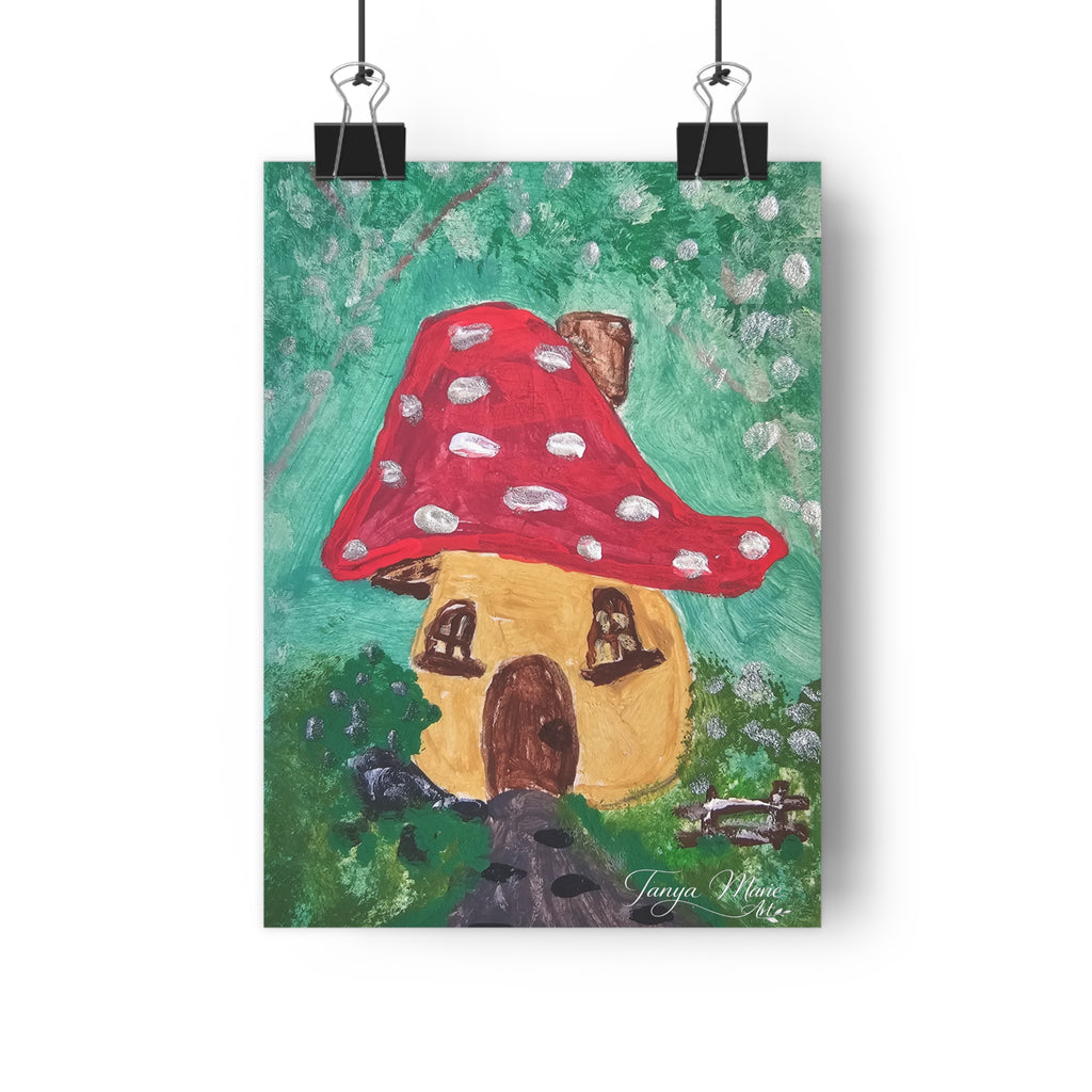 Mushroom cottage wall art print featuring red polka-dot mushroom house with signature