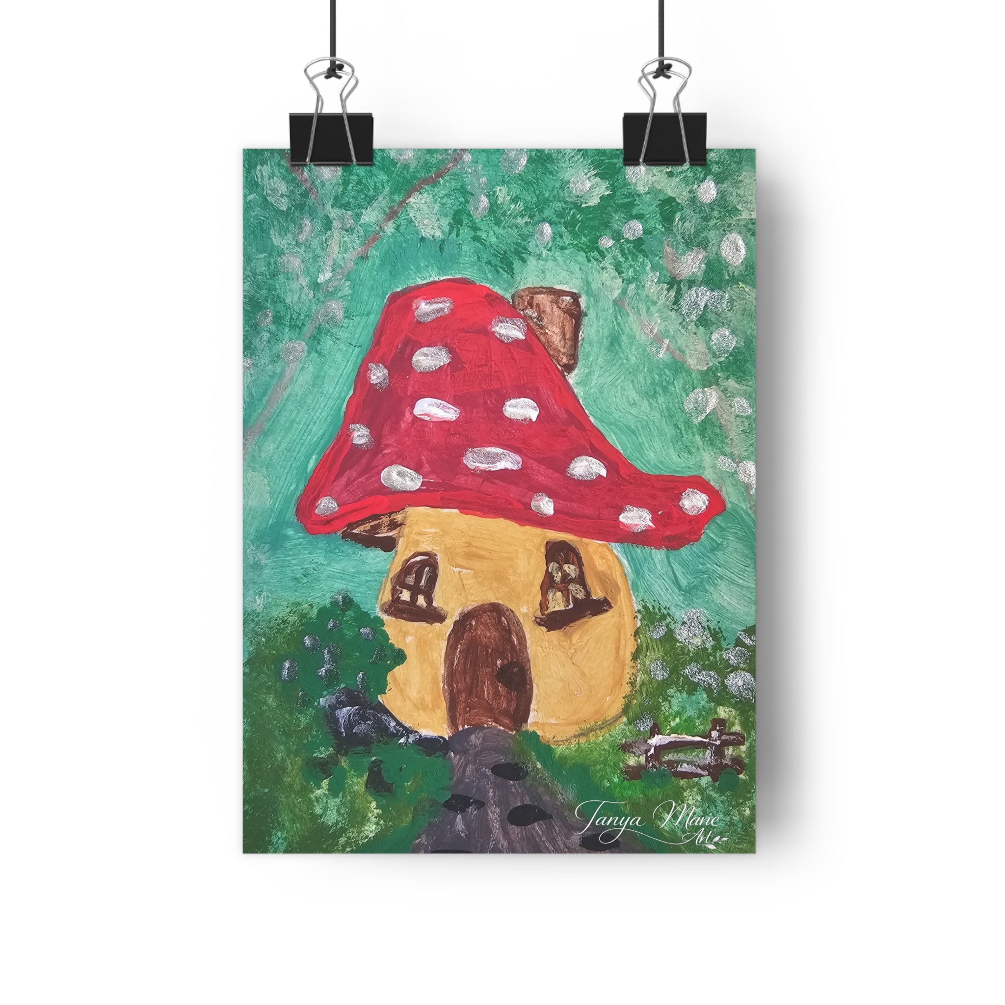 Mushroom cottage wall art print featuring red polka-dot mushroom house with signature