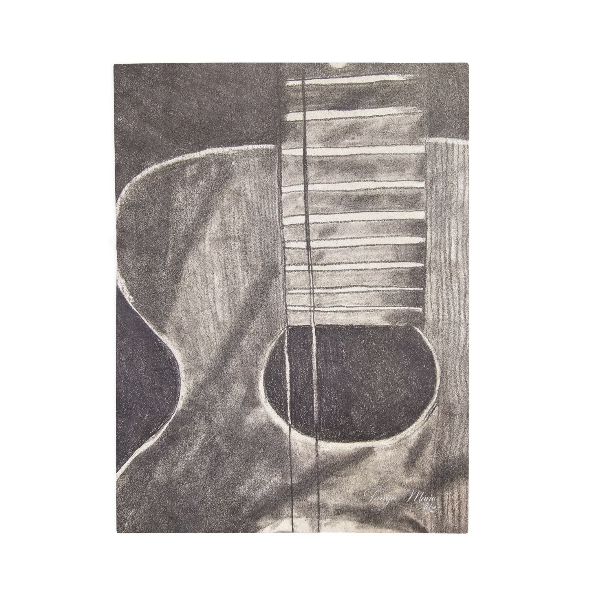 Acoustic guitar sketch plush blanket with gray body and white horizontal strings