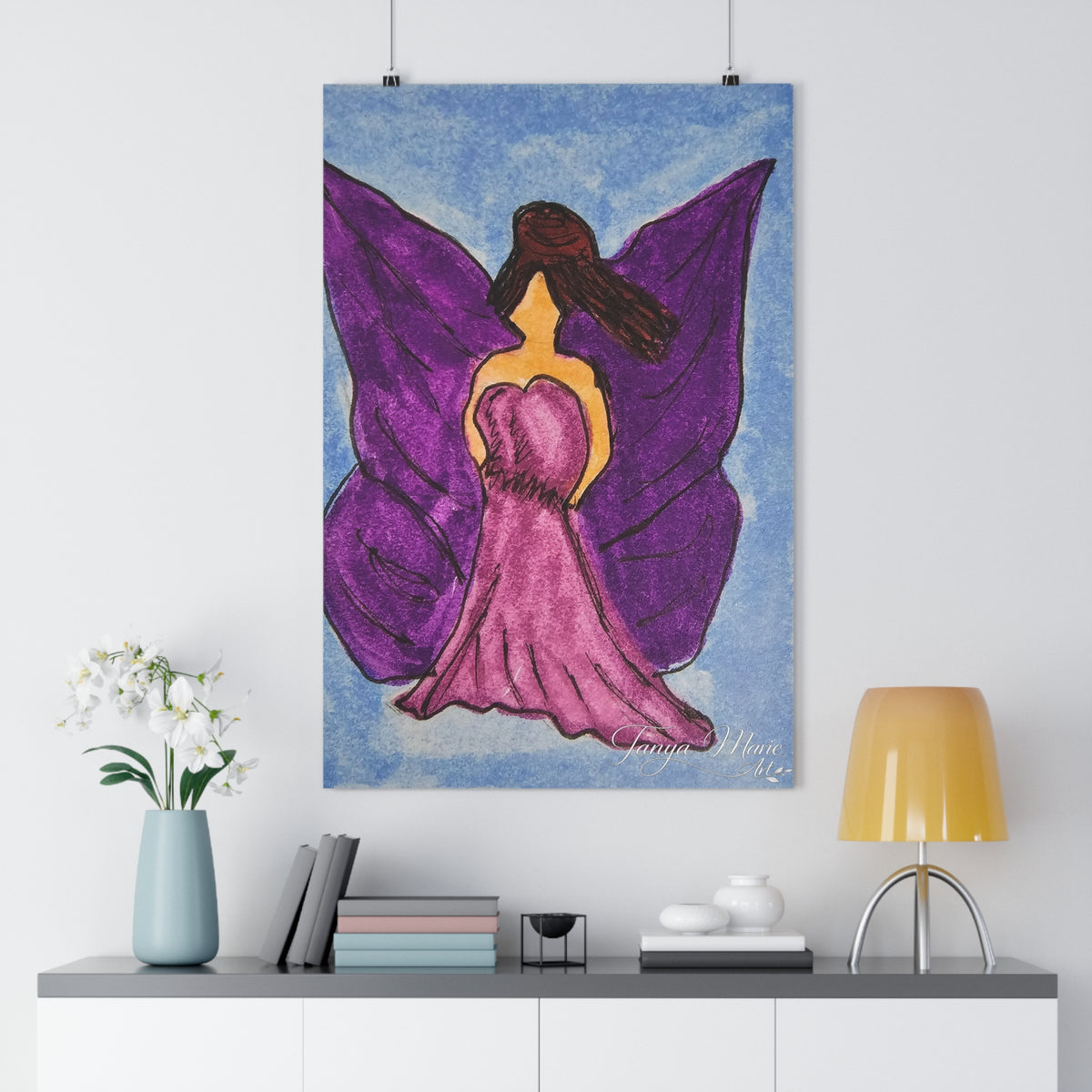 Fairy woman giclée art print with purple wings and a pink dress