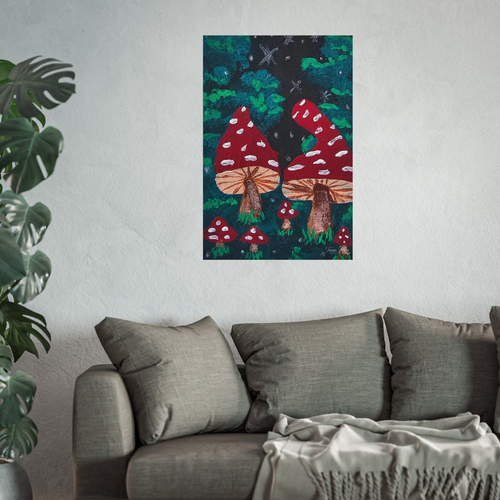 Whimsical fine art poster with two large red mushrooms, white spots, and smaller toadstools