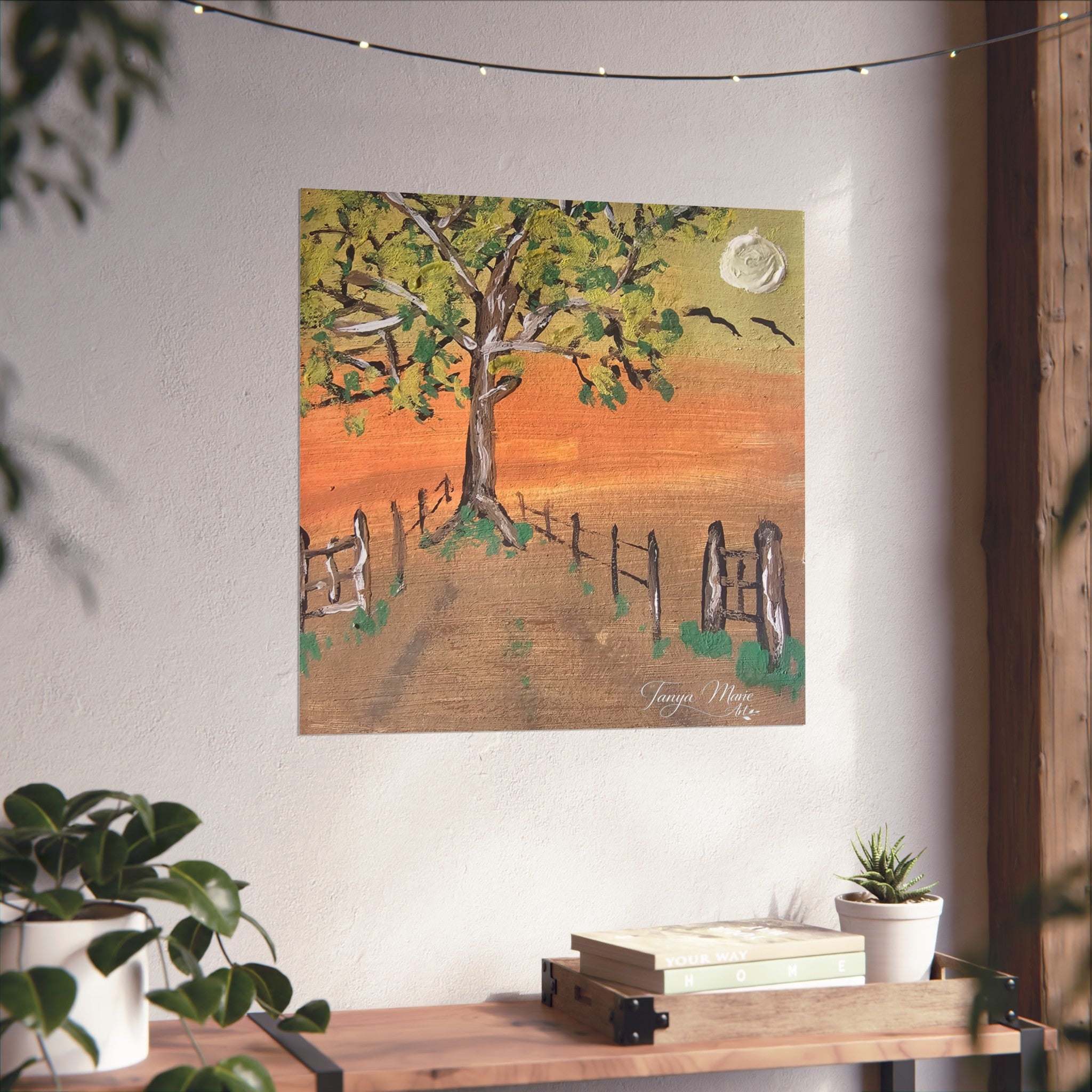 Sunset Path Fine Art Poster — Tree, Fence & Moon Landscape Print