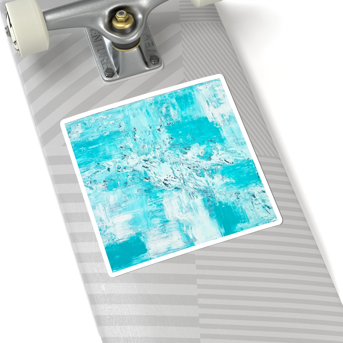 Teal abstract brushstroke art sticker, square with white border and layered paint texture.