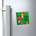 Rectangular fridge magnet: green frog beside red mushrooms, white border